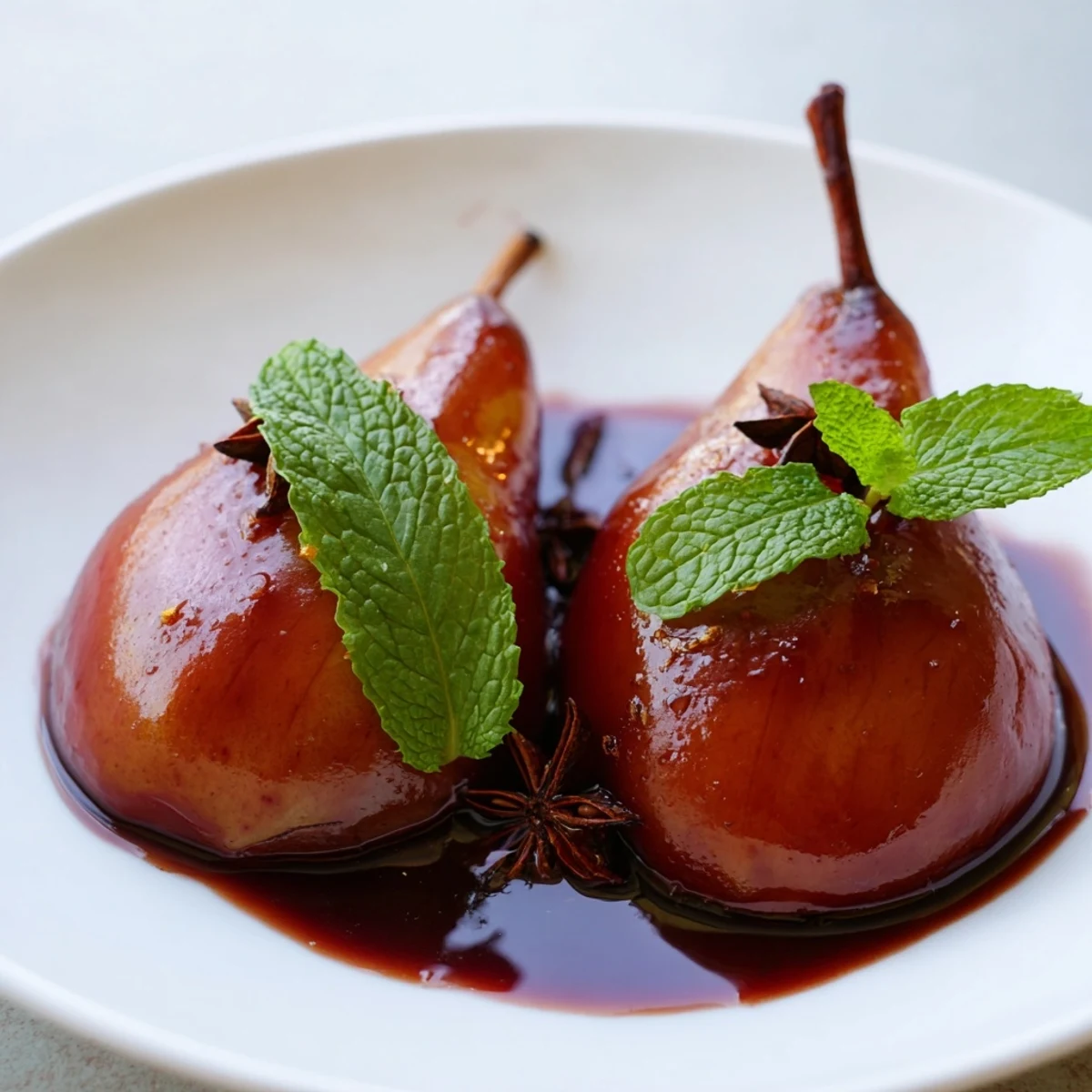 Four tender pear halves glistening with spiced grape juice syrup, garnished with fresh mint on a white plate for a romantic dessert.