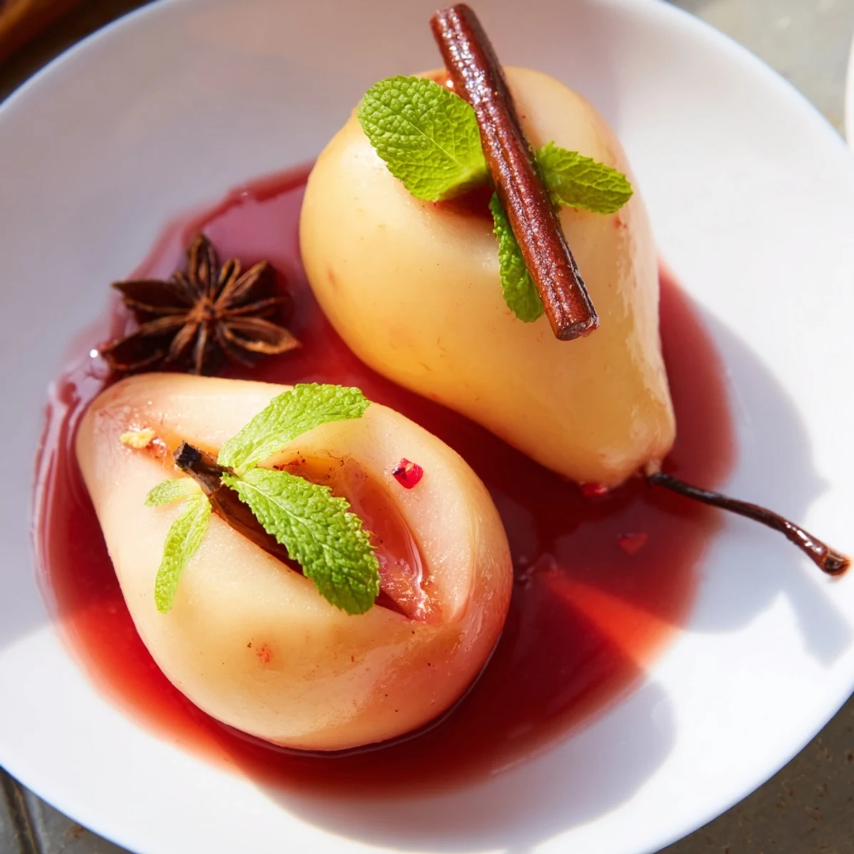 Warm Romantic Poached Pears in Grape Juice are topped with a dollop of whipped cream and star anise spices nearby.