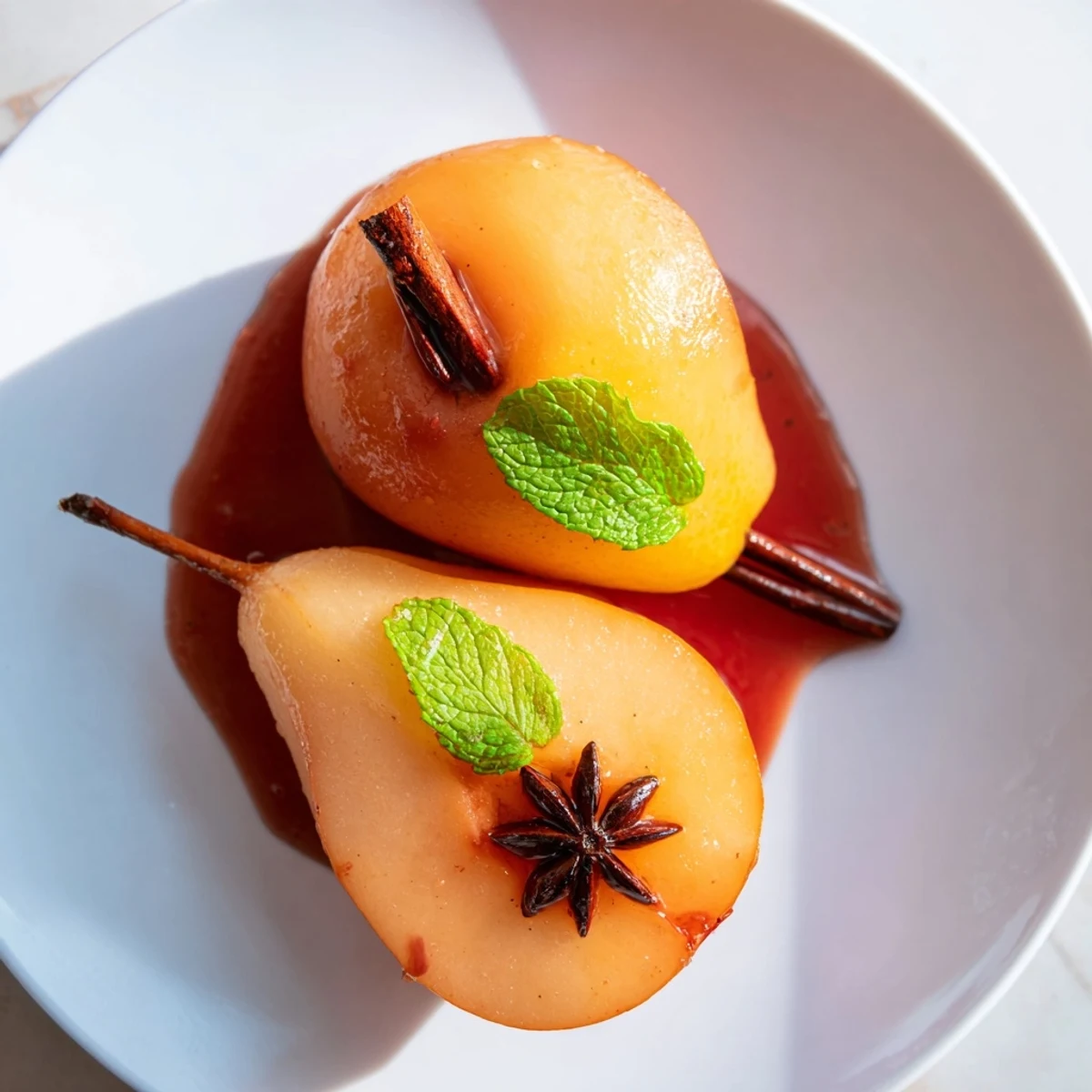 Close-up of Romantic Poached Pears in Grape Juice served in a shallow bowl with glossy syrup and a scoop of vanilla ice cream.