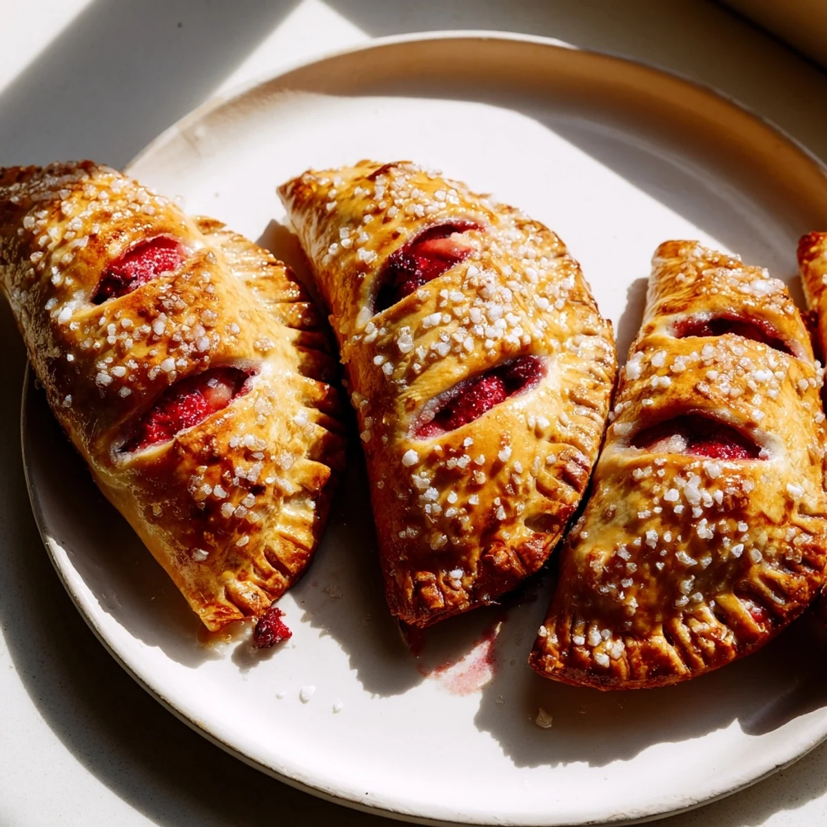 Freshly baked Sweetheart Strawberry Hand Pies with flaky golden crust and vibrant red filling, perfect for a romantic dessert.