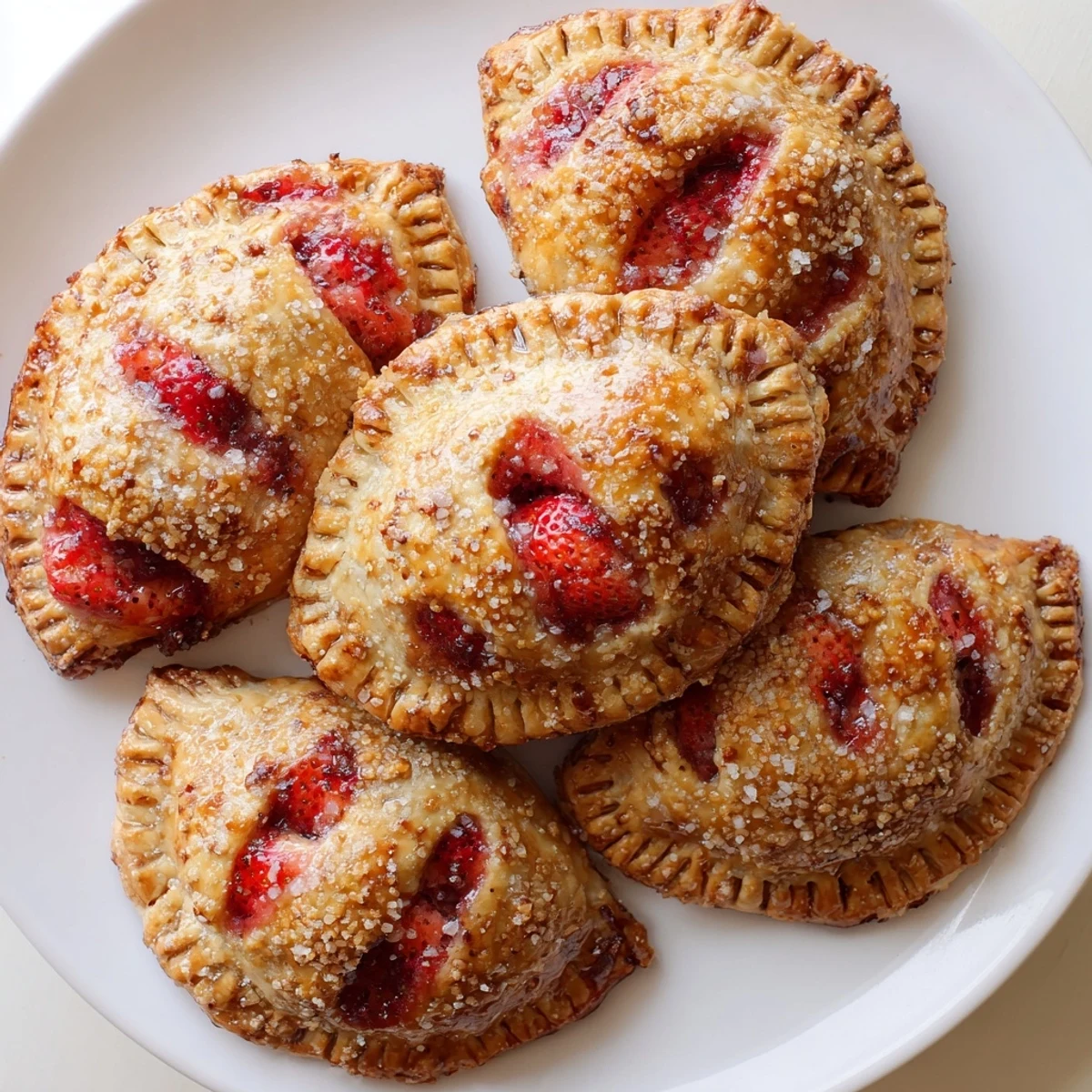 Warm Sweetheart Strawberry Hand Pies with a lattice top, gooey strawberry filling peeking out, served with a scoop of vanilla ice cream.