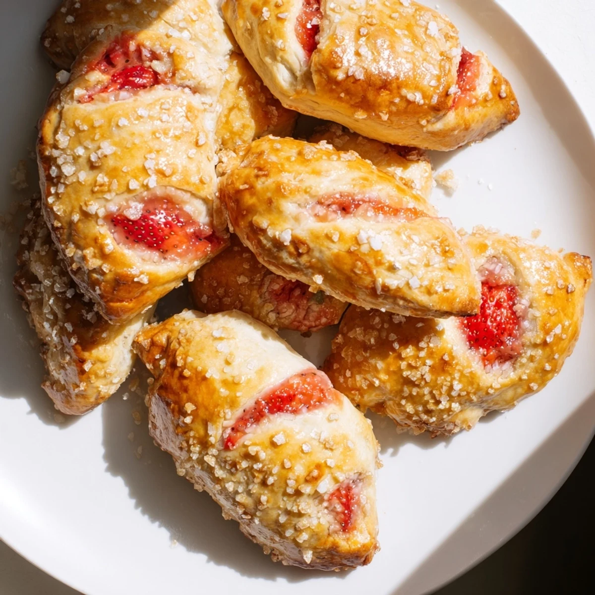 Sweetheart Strawberry Hand Pies cooling on a wire rack, buttery crust dusted with coarse sugar next to fresh berries.