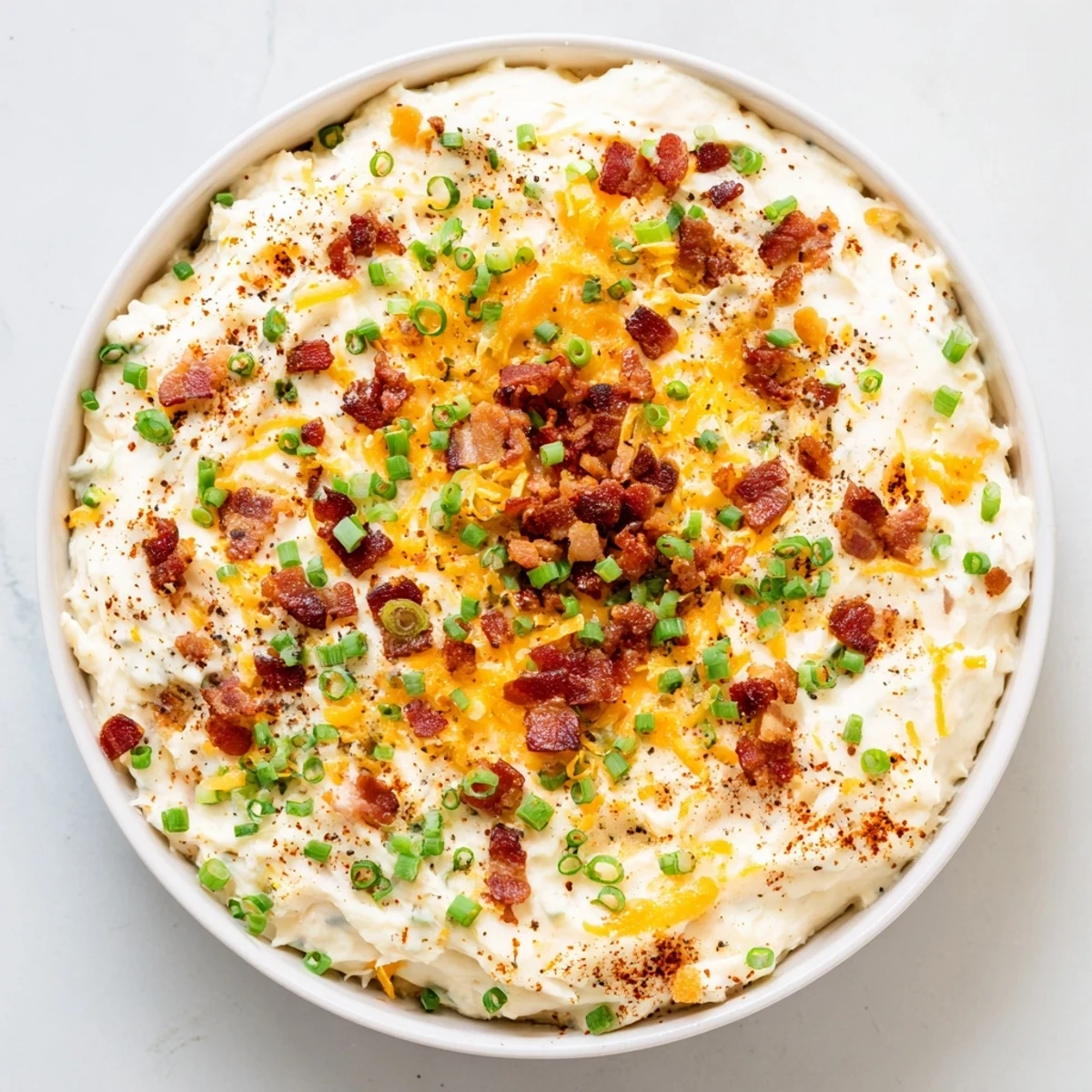 Tangy and rich Super Bowl Loaded Baked Potato Dip, featuring smooth sour cream and cream cheese, with a side of sturdy potato chips.