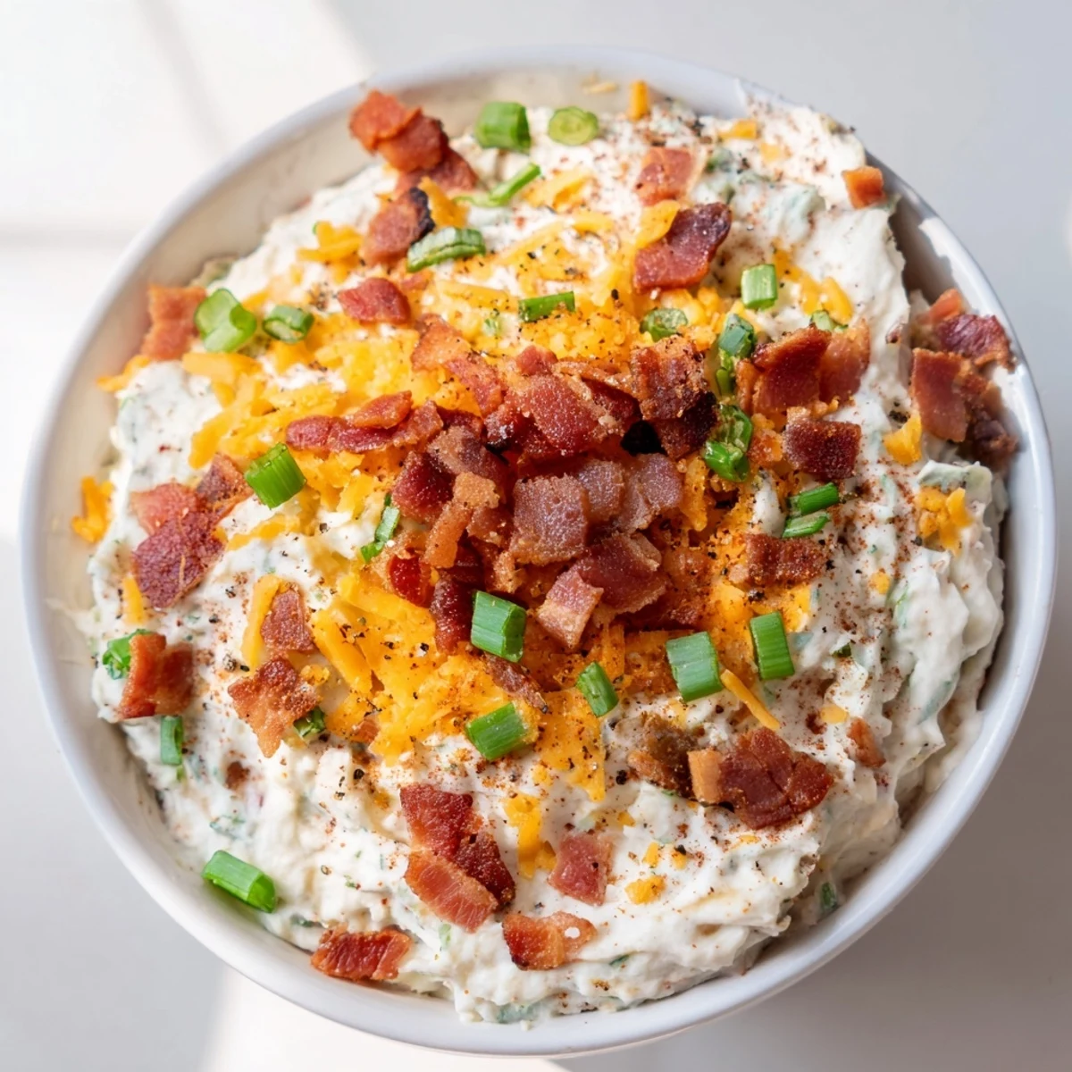 Chilled Super Bowl Loaded Baked Potato Dip in a rustic serving bowl, topped with shredded cheddar and green onions for a party appetizer.