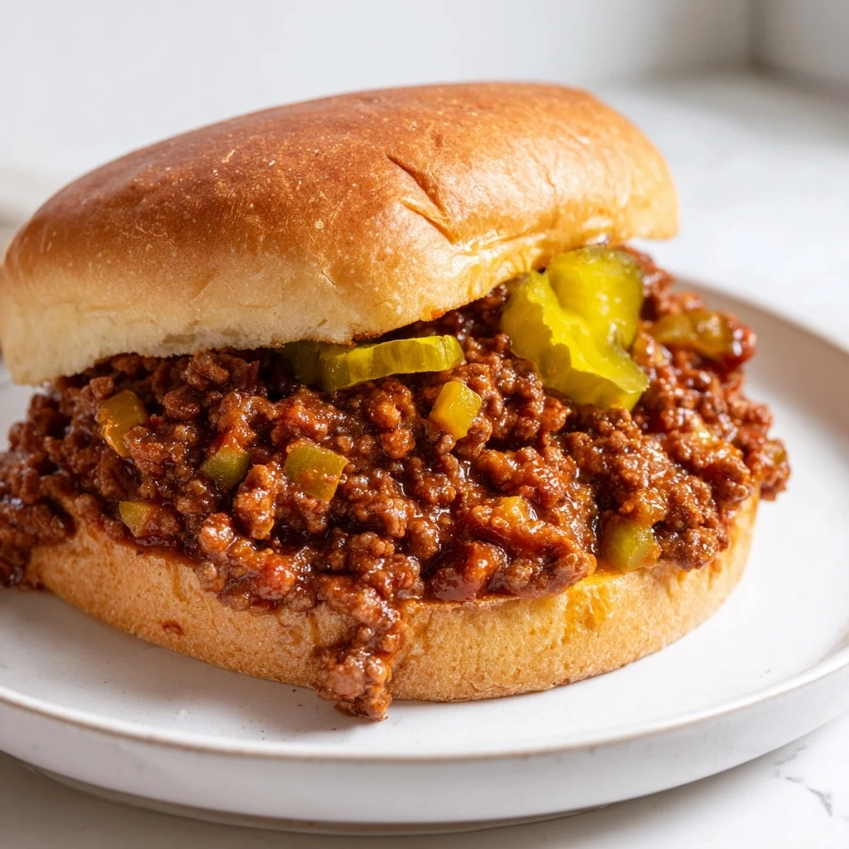 A close-up of Sloppy Joes on toasted buns, the savory beef mixture spilling over the edges with a glossy, rich sauce.