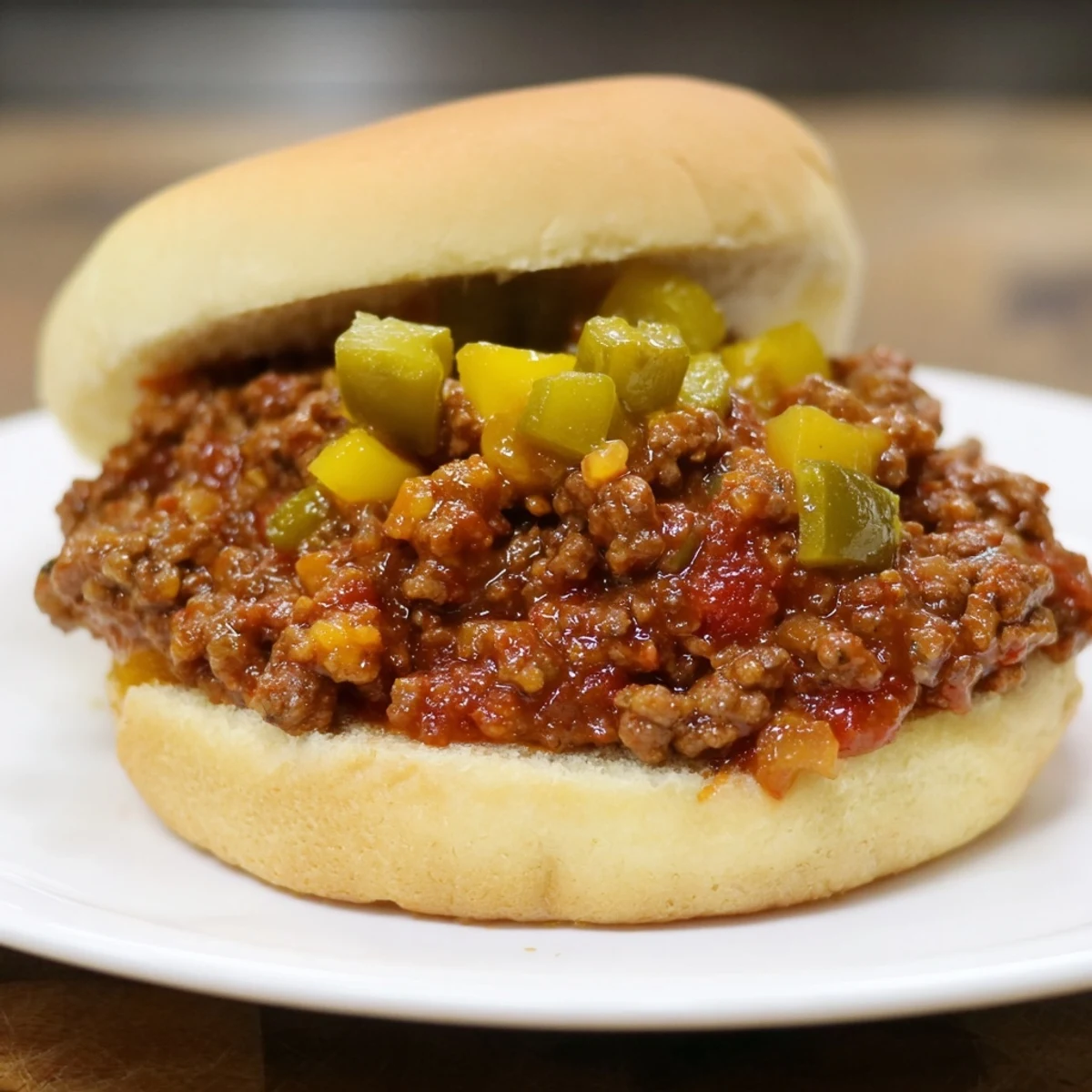 Hearty Sloppy Joes on buttery toasted buns, served on a checkered picnic tablecloth alongside crunchy pickle chips for a classic family dinner.