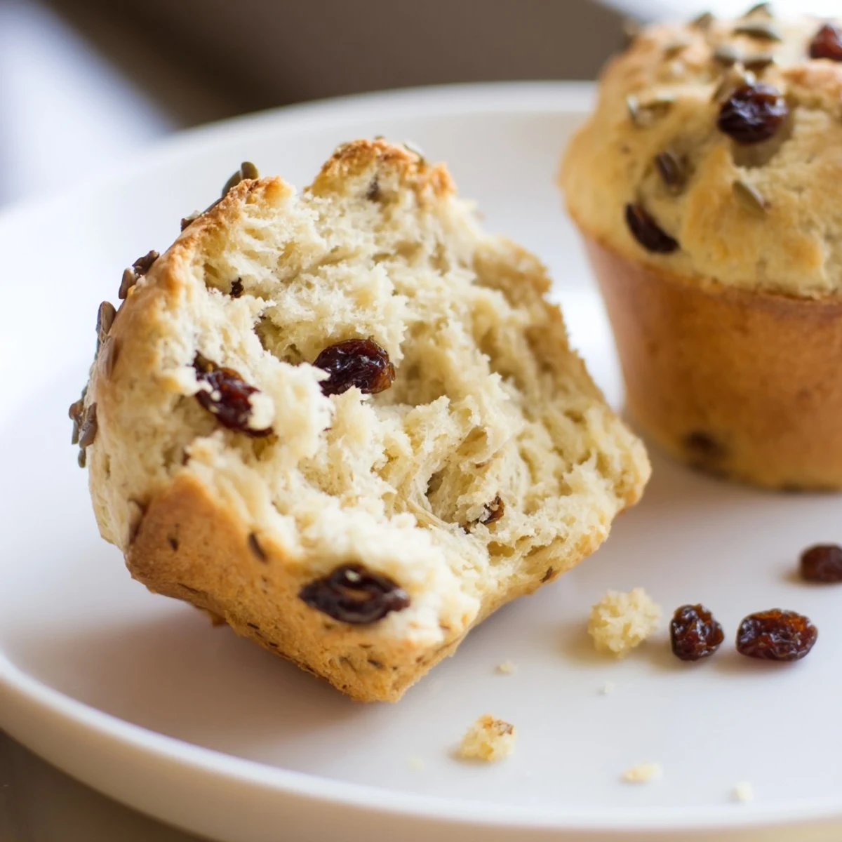 Golden brown Irish Soda Bread Muffins topped with raisins, served with a pat of butter.  