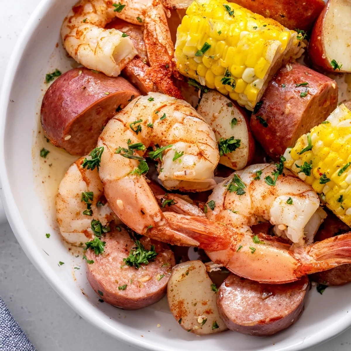 A vibrant platter of Mardi Gras Shrimp Boil showcases plump shrimp, golden corn on the cob, and spicy Andouille sausage, all dusted with fresh parsley and ready for a festive feast.
