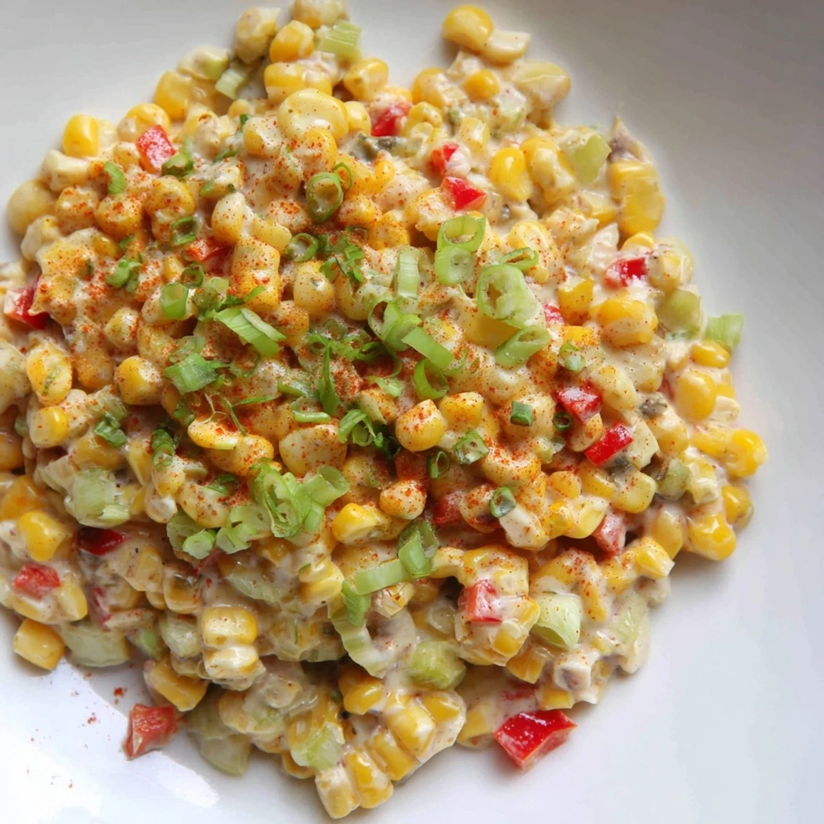 A vibrant skillet of Creole Corn Maque Choux with Peppers showcases tender yellow corn and colorful diced red and green peppers in a creamy sauce.