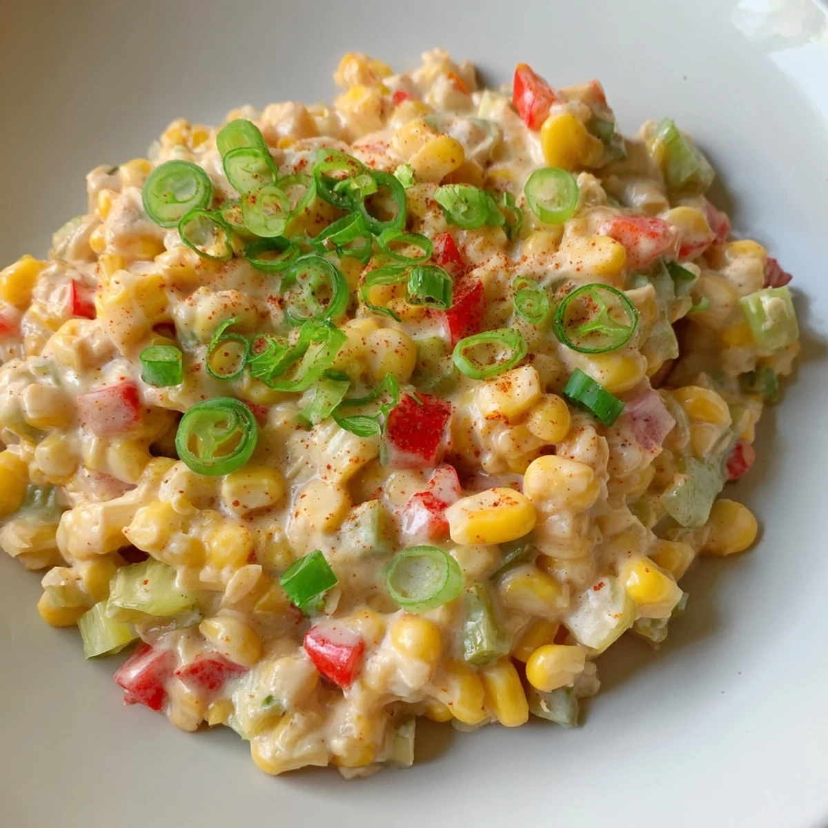 Overhead view of homemade Creole Corn Maque Choux with Peppers in a white bowl, garnished with fresh parsley and green onions, ready to serve.
