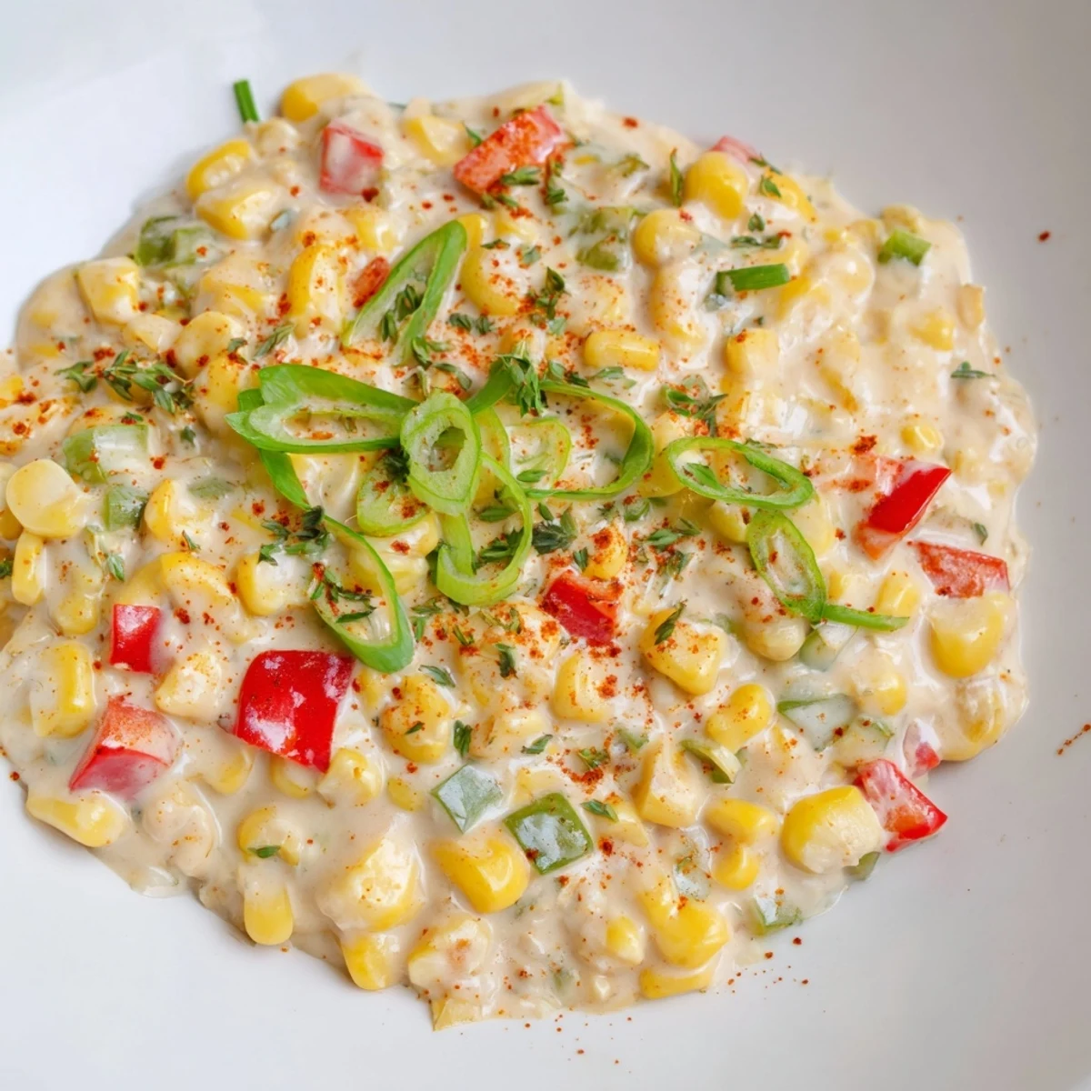 Close-up on the rich texture of Creole Corn Maque Choux with Peppers, featuring sautéed onions, celery, and corn kernels in a spicy, creamy Creole sauce.
