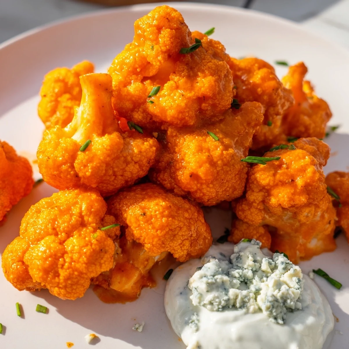 Spicy baked cauliflower florets coated in tangy buffalo sauce, served with creamy blue cheese dip and carrot sticks.