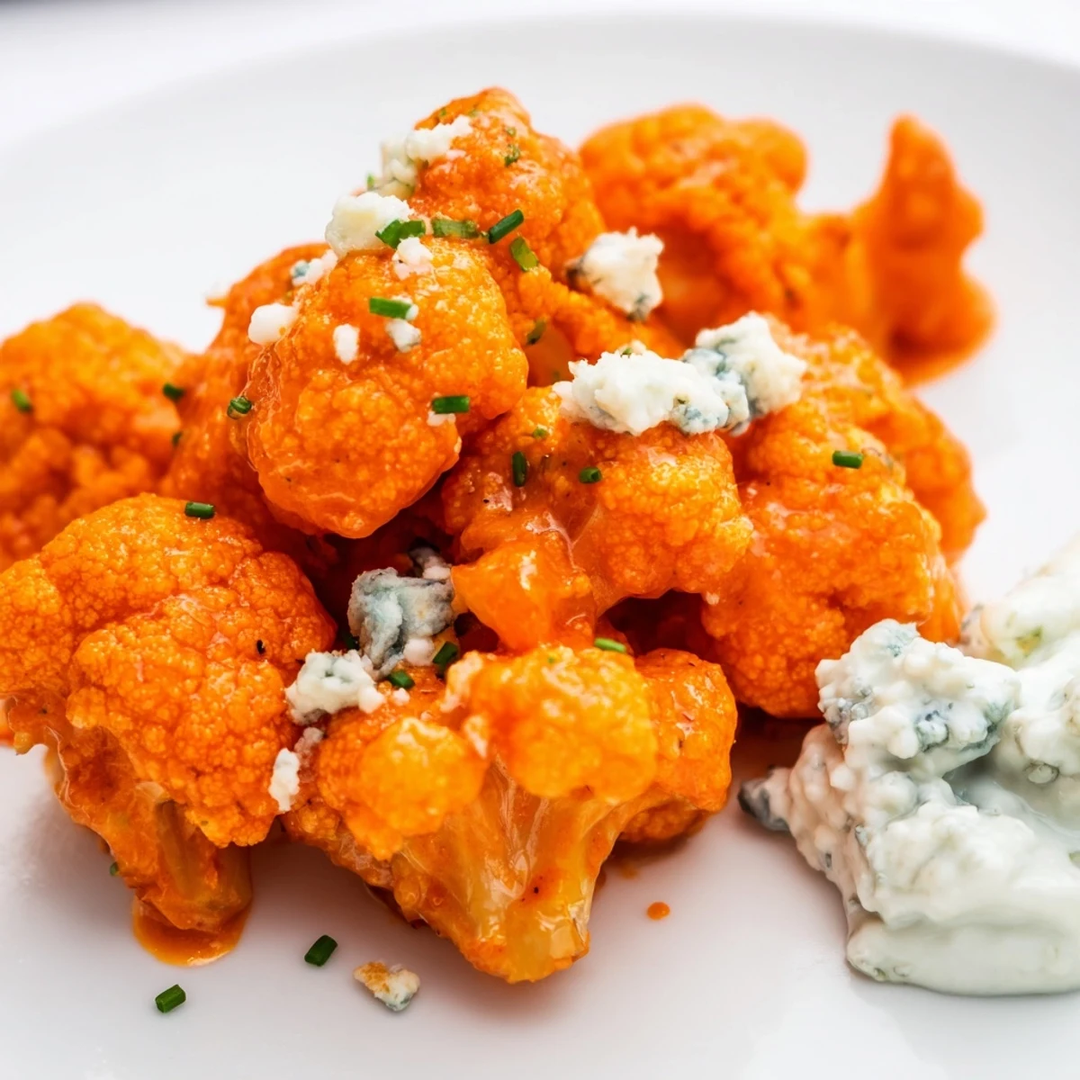 Buffalo cauliflower wings glistening with sauce, alongside crisp celery and a creamy blue cheese dip on a plate.