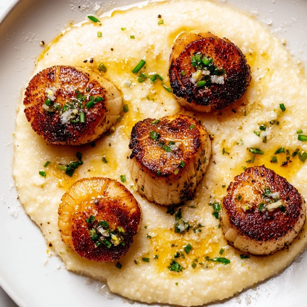 Golden-brown seared scallops resting on a bed of creamy polenta, drizzled with fresh herb butter for an elegant dinner.