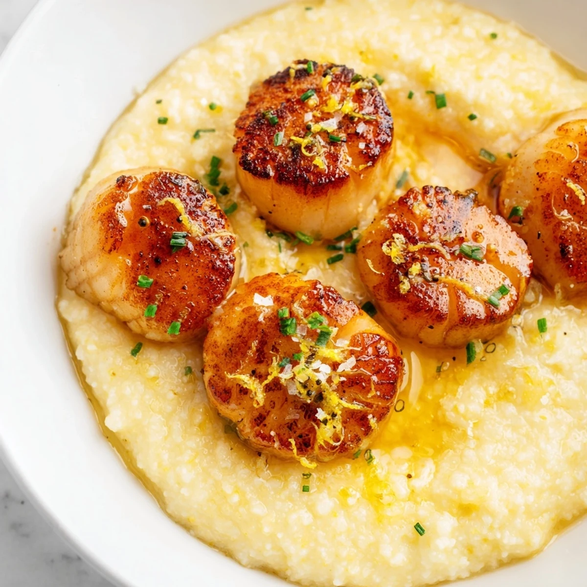 Pan Seared Scallops with Creamy Polenta featuring tender seafood atop velvety cornmeal, garnished with vibrant chopped chives.