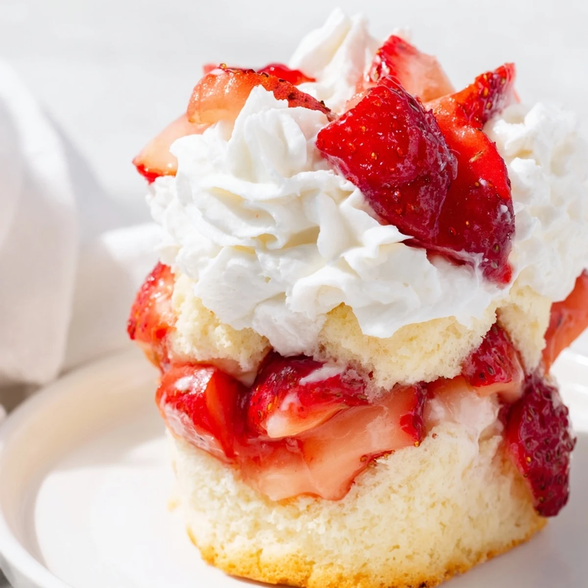 Freshly baked shortcake cups filled with juicy strawberries and fluffy whipped cream, a perfect summer dessert.