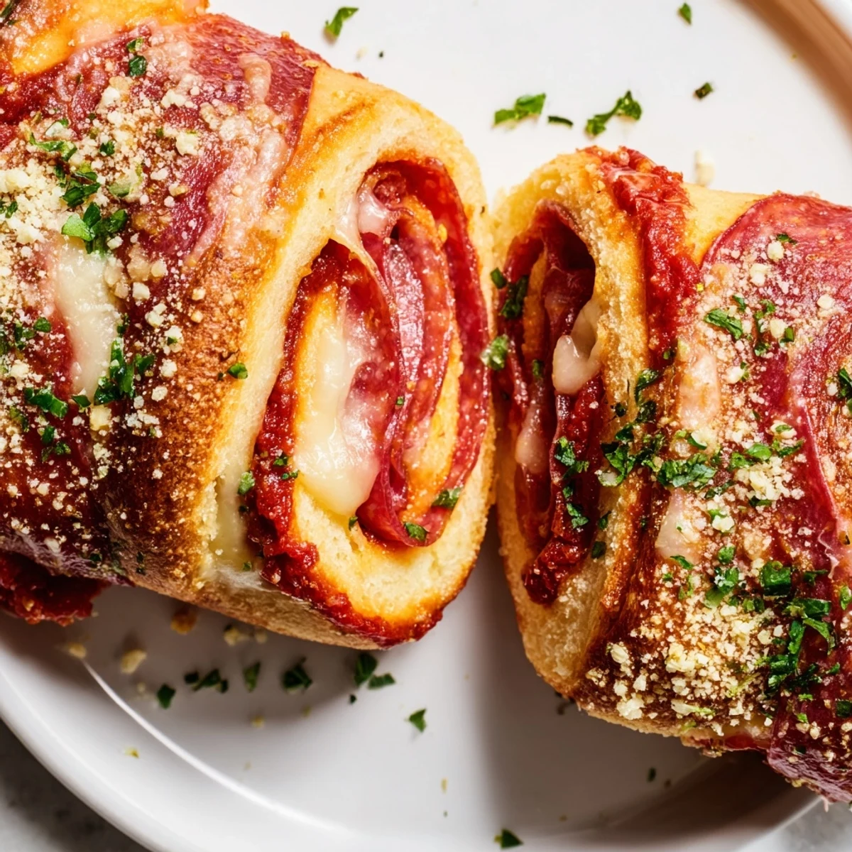 Golden-baked Pizza Rolls with Beef Pepperoni emerge from the oven, featuring a golden-brown crust and bubbling mozzarella cheese filling.  
