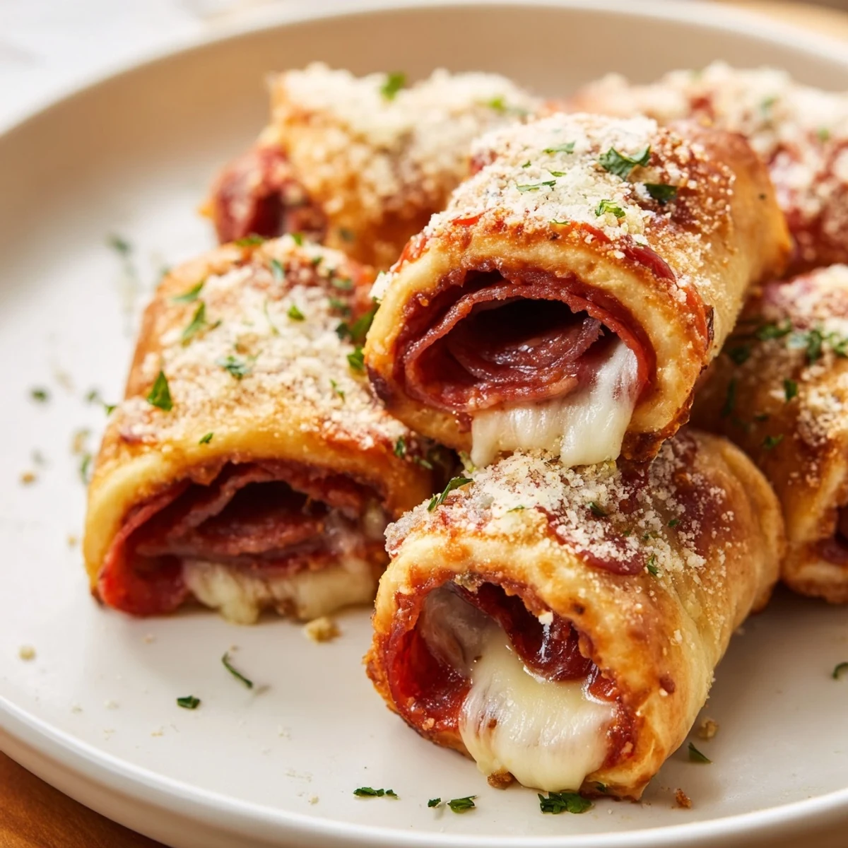 A close-up view of a platter of Pizza Rolls with Beef Pepperoni, showcasing the savory beef pepperoni nestled inside the soft dough.  