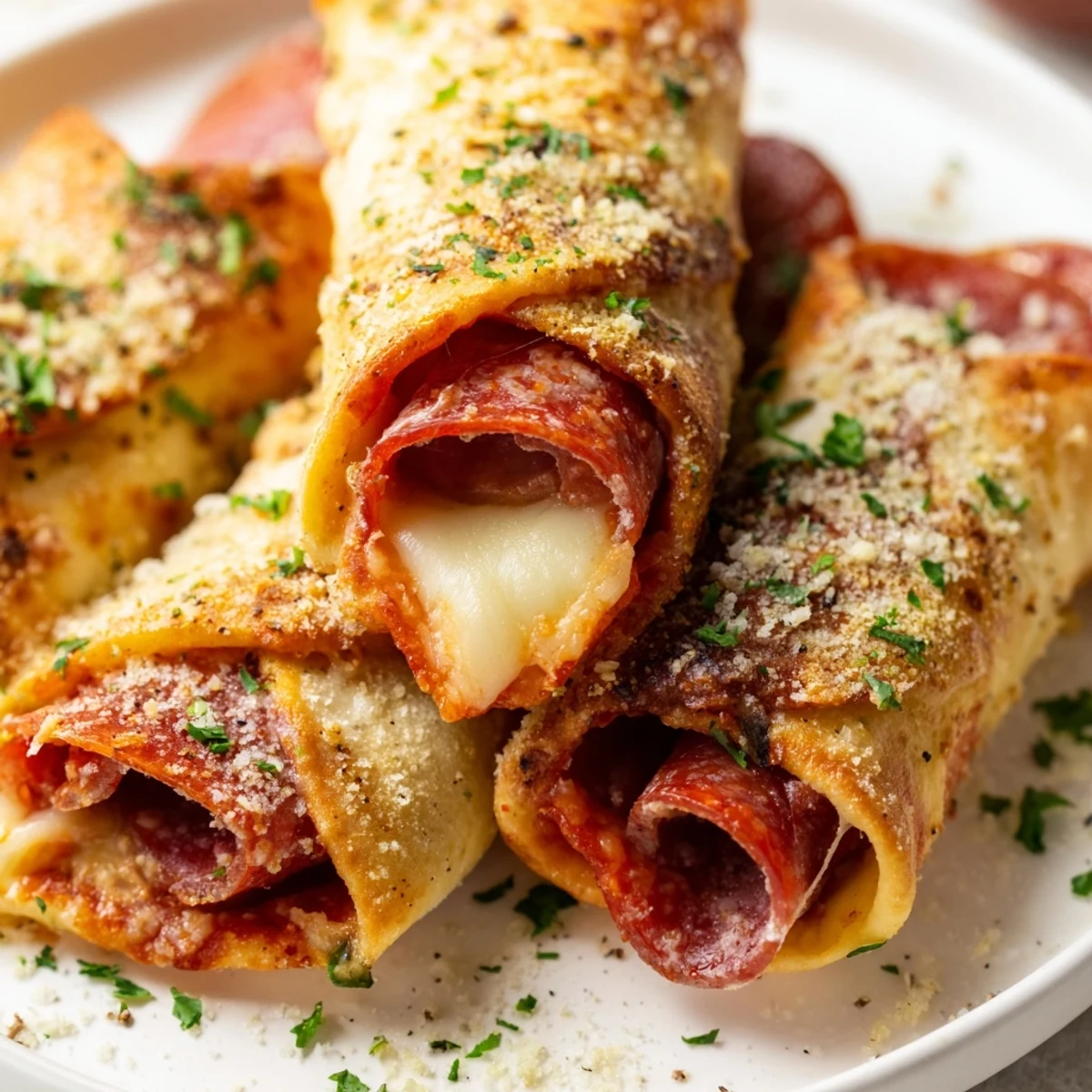 Freshly baked Pizza Rolls with Beef Pepperoni arranged on a wooden board, ready to be served with a side of marinara for dipping.