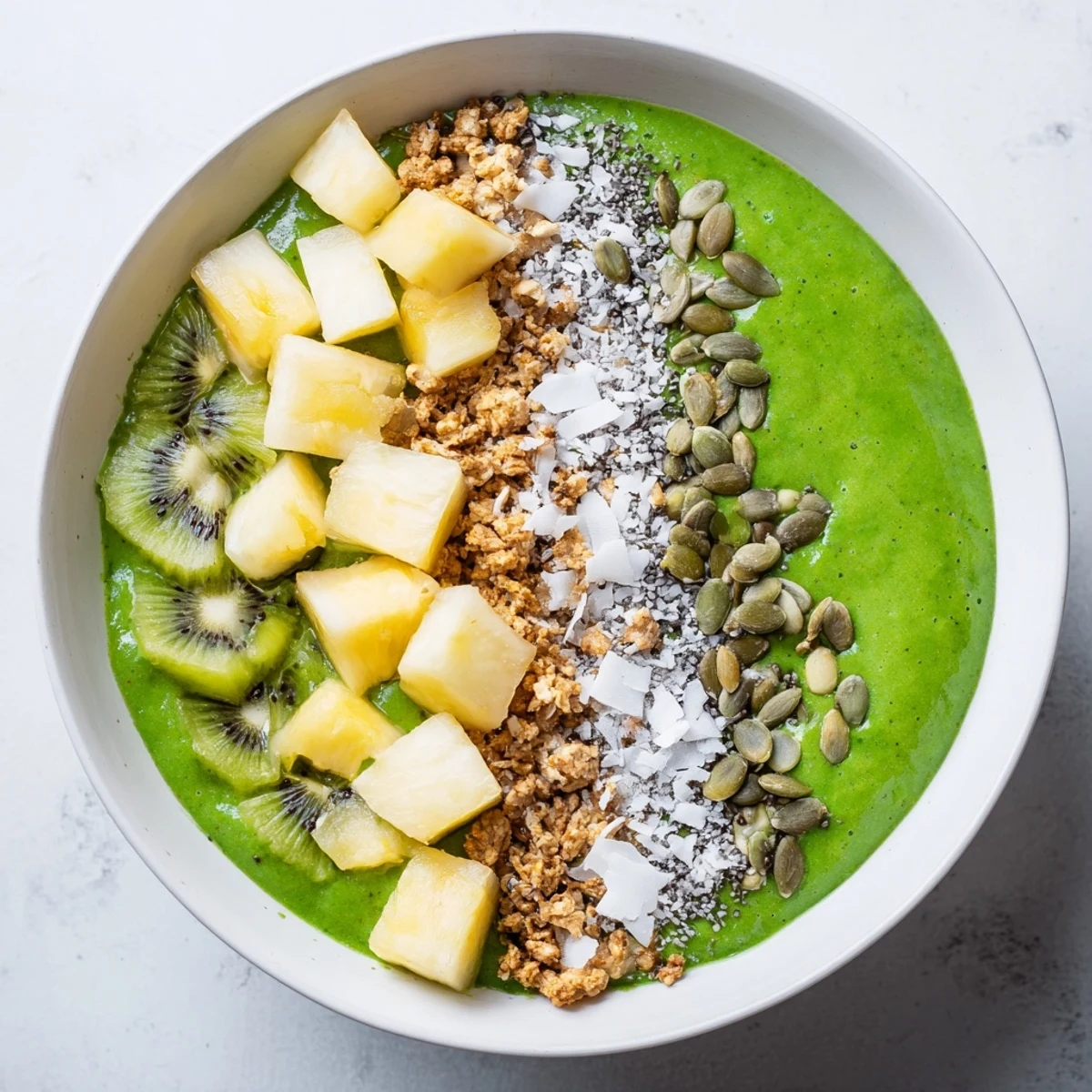 A vibrant green smoothie bowl topped with fresh pineapple, kiwi, and crunchy granola, served in a white bowl.  