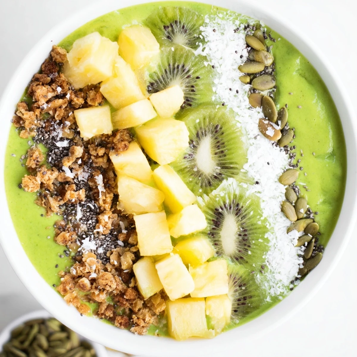 Green Smoothie Bowl with Spinach and Pineapple topped with fresh kiwi and granola for a healthy breakfast.  