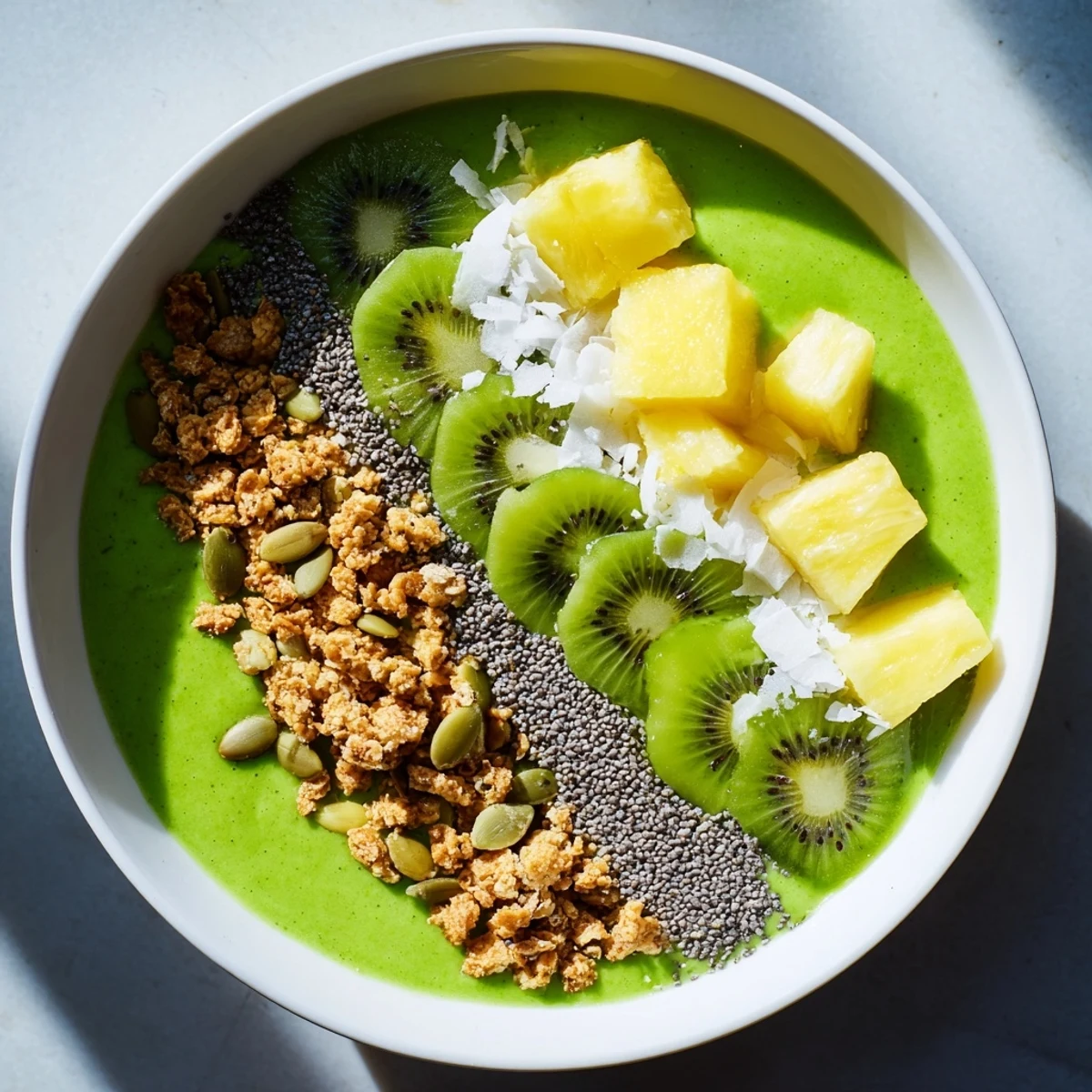 A spoonful of Green Smoothie Bowl with Spinach and Pineapple featuring chia seeds, coconut flakes, and vibrant fruit.