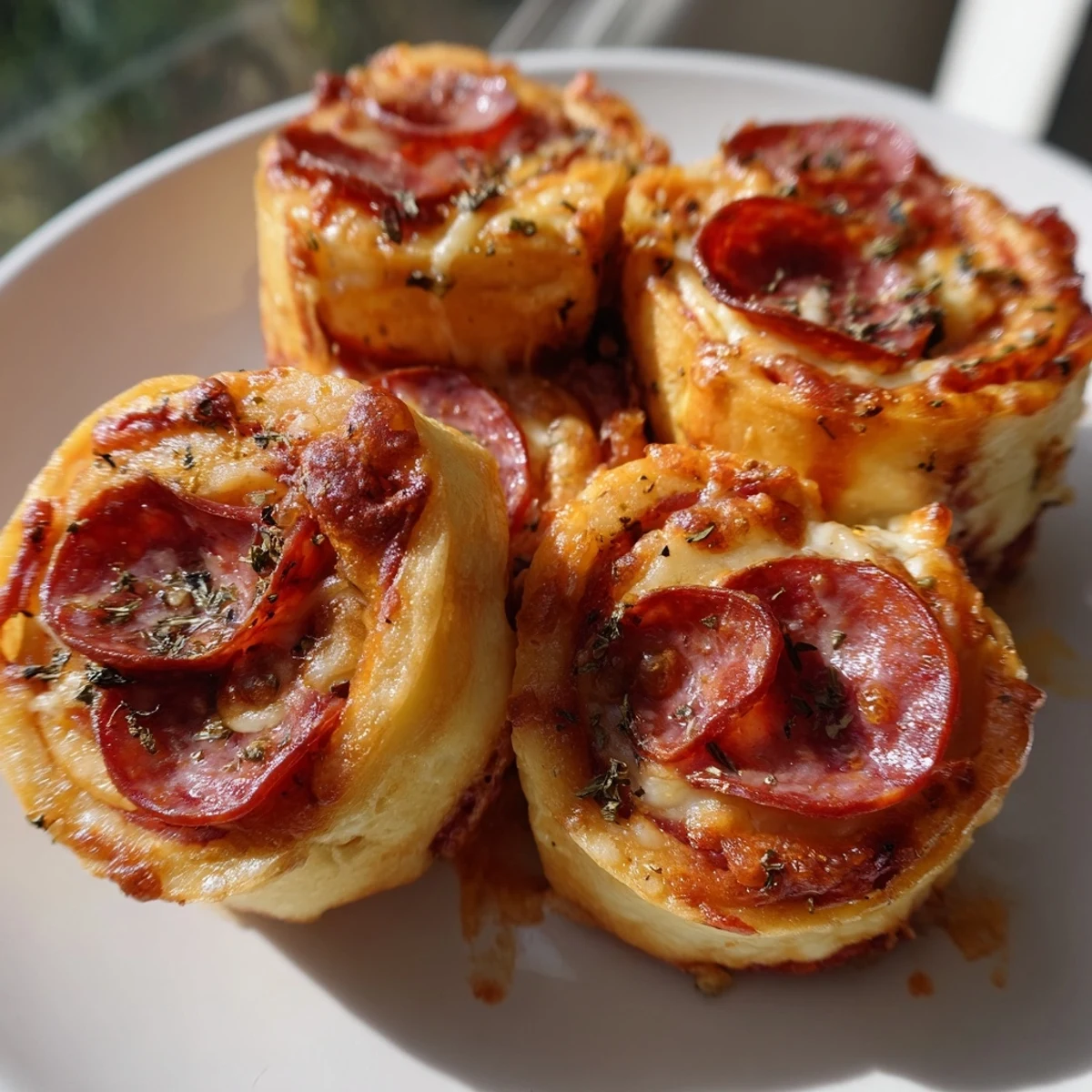 Eighteen freshly baked Pizza Rolls with Beef Pepperoni and Cheese, their golden crust sprinkled with herbs, arranged on a rustic wooden board for a party appetizer spread.