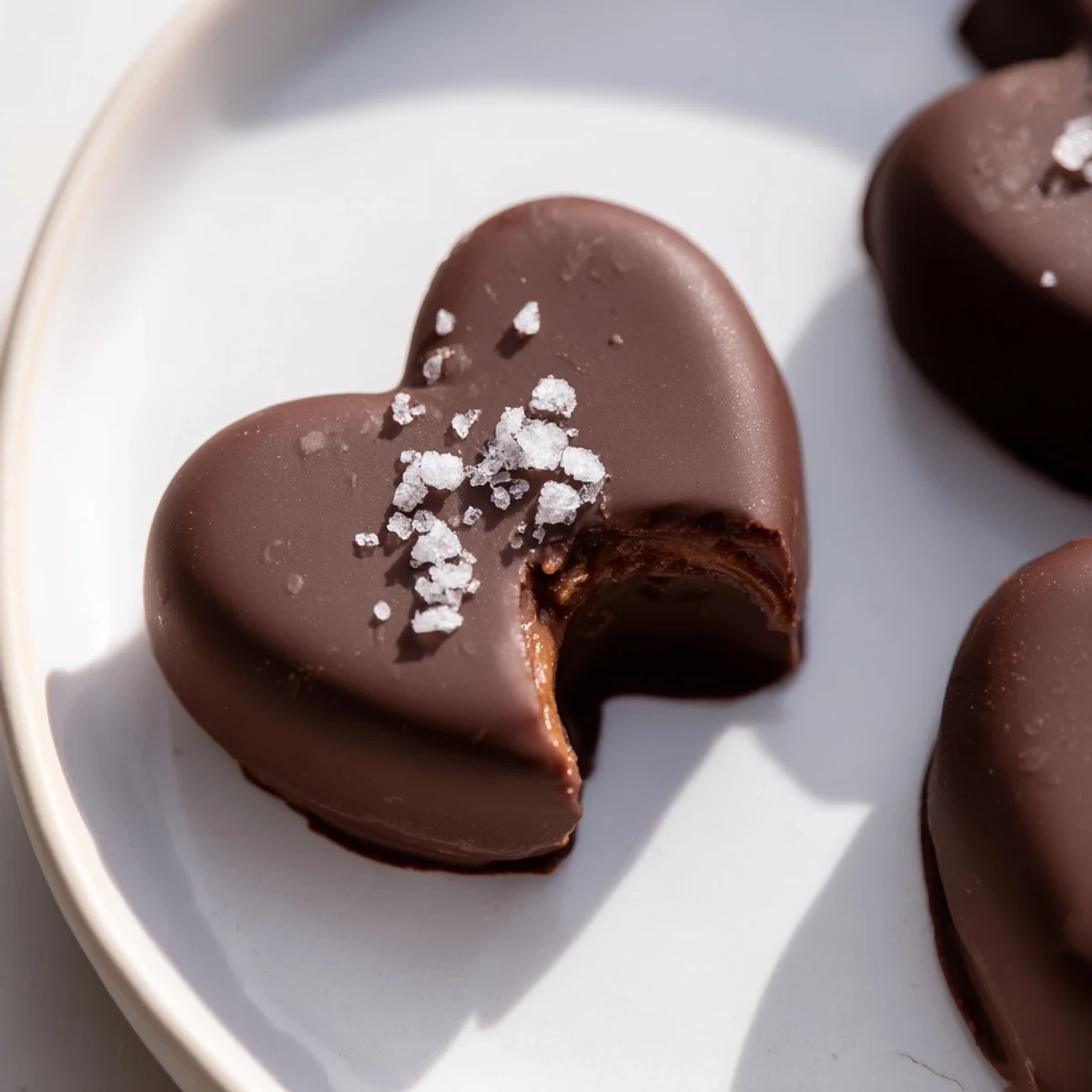 Heart-shaped peanut butter cups coated in glossy chocolate, sprinkled with flaky sea salt for a sweet and salty finish.