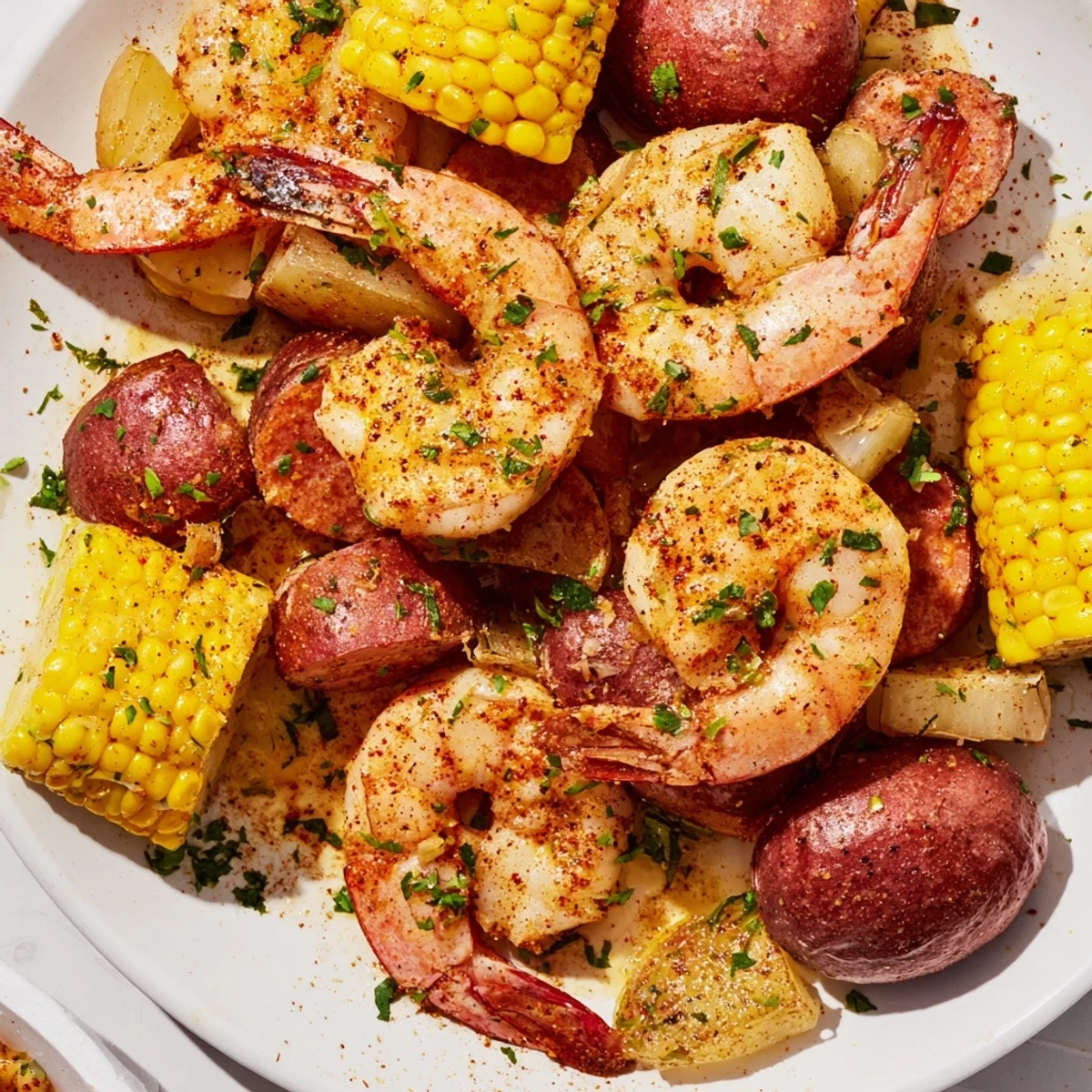A steaming pot of Mardi Gras Shrimp Boil reveals pink shrimp, golden corn on the cob, and smoky sausage slices.
