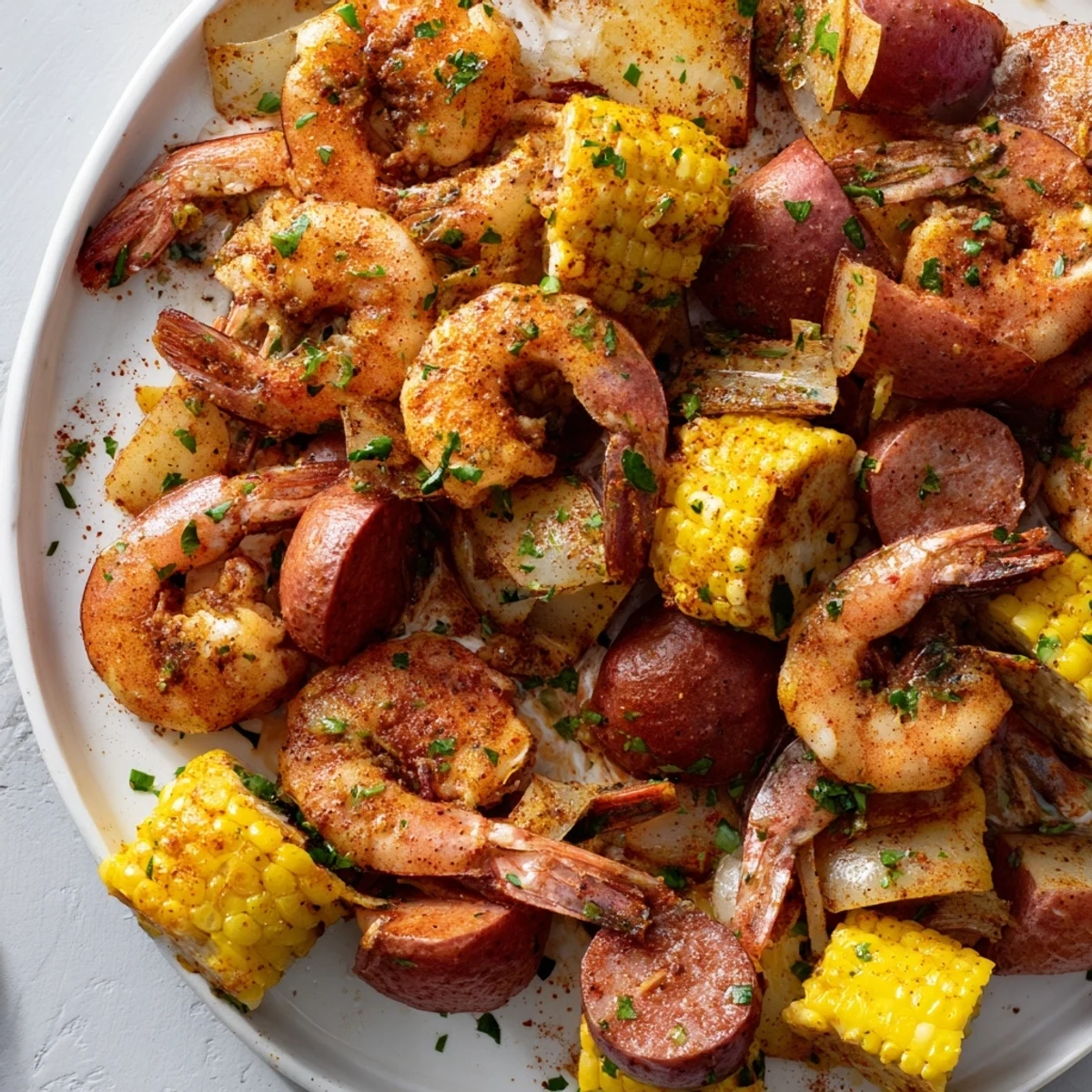 Sizzling Andouille sausage and tender red potatoes are served hot with melted butter and lemon wedges.