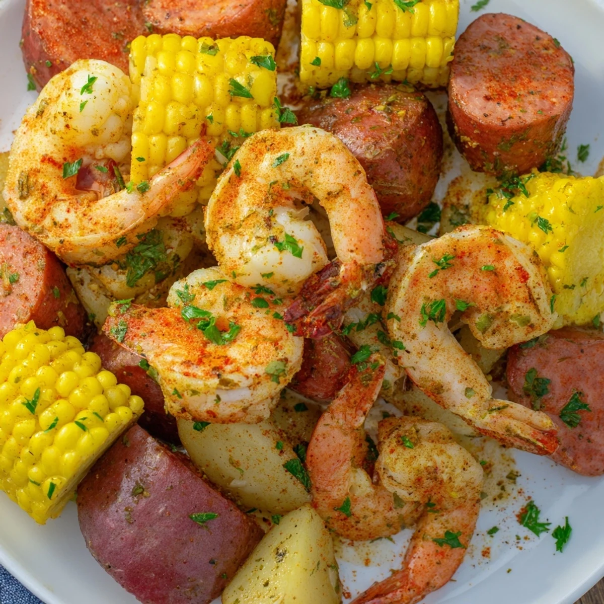 Vibrant Cajun-seasoned Mardi Gras Shrimp Boil spills over newspaper, with bright corn, parsley, and lemon garnish.