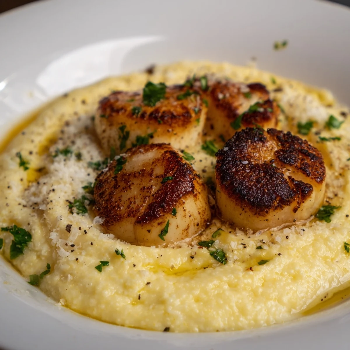 Golden-brown pan seared scallops resting on a creamy bed of polenta, garnished with fresh chives and black pepper.
