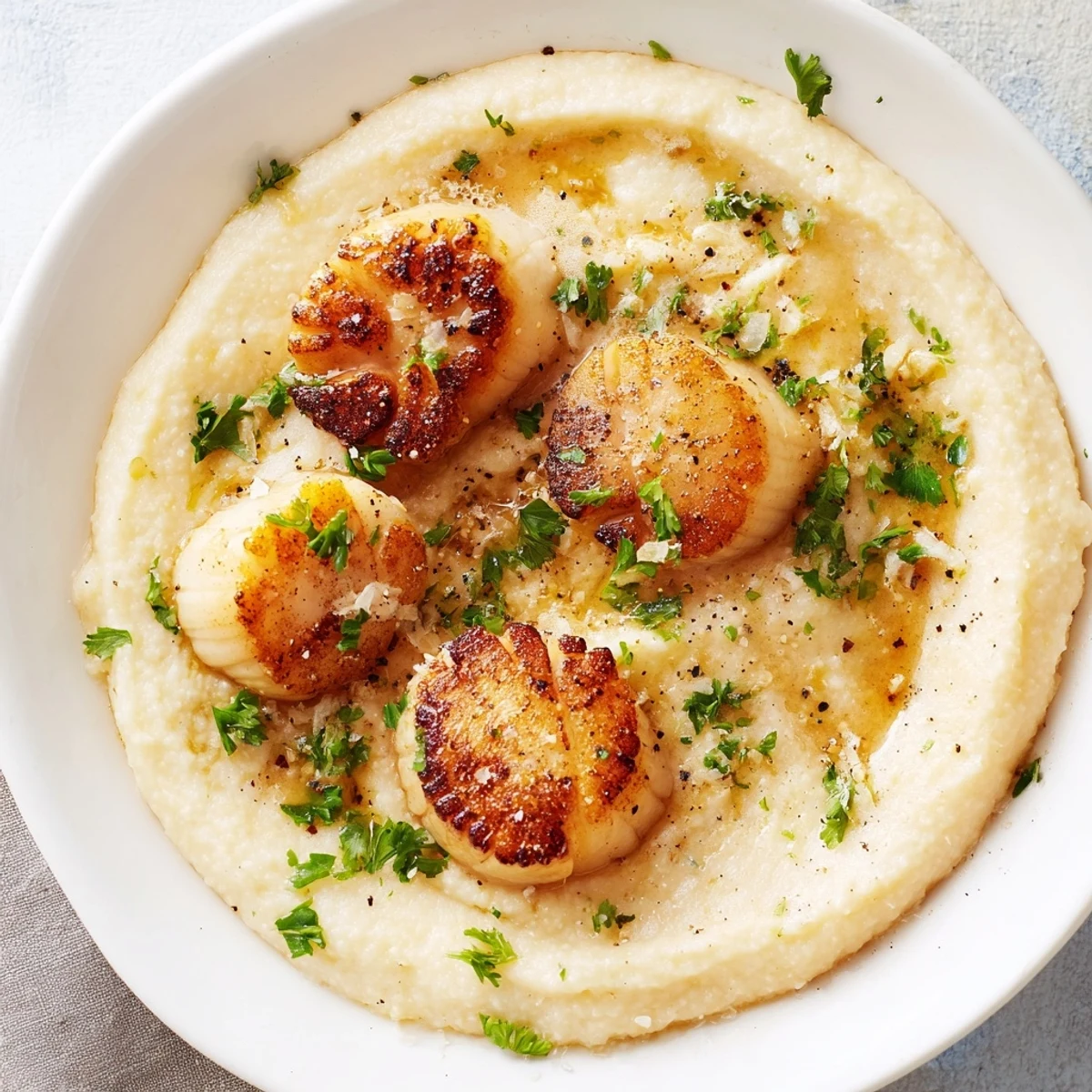 A close-up of pan seared scallops atop creamy polenta, drizzled with melted butter and served with lemon wedges.