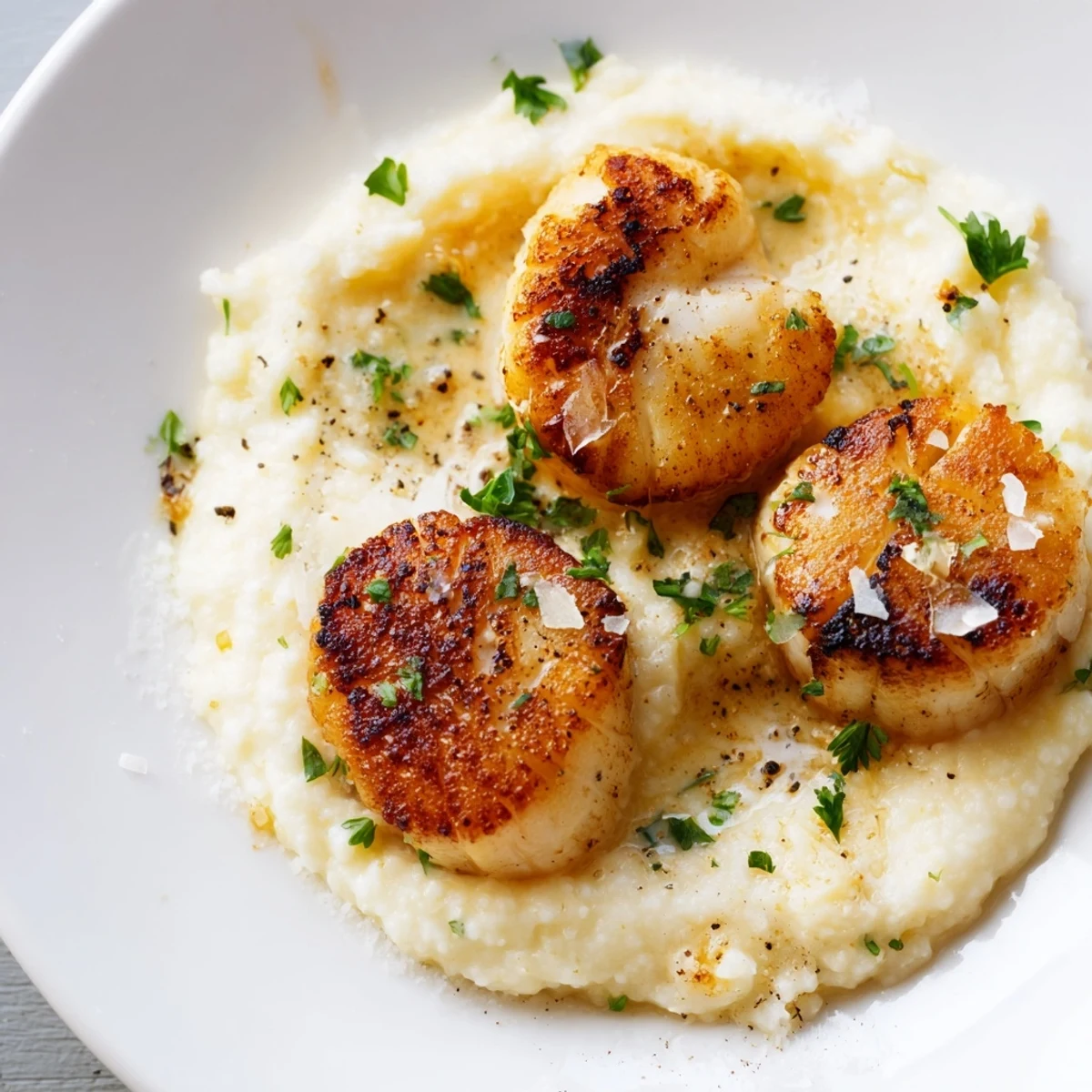 Elegant dinner plate featuring pan seared scallops and creamy polenta, finished with fresh herbs for a comforting Italian-American meal.