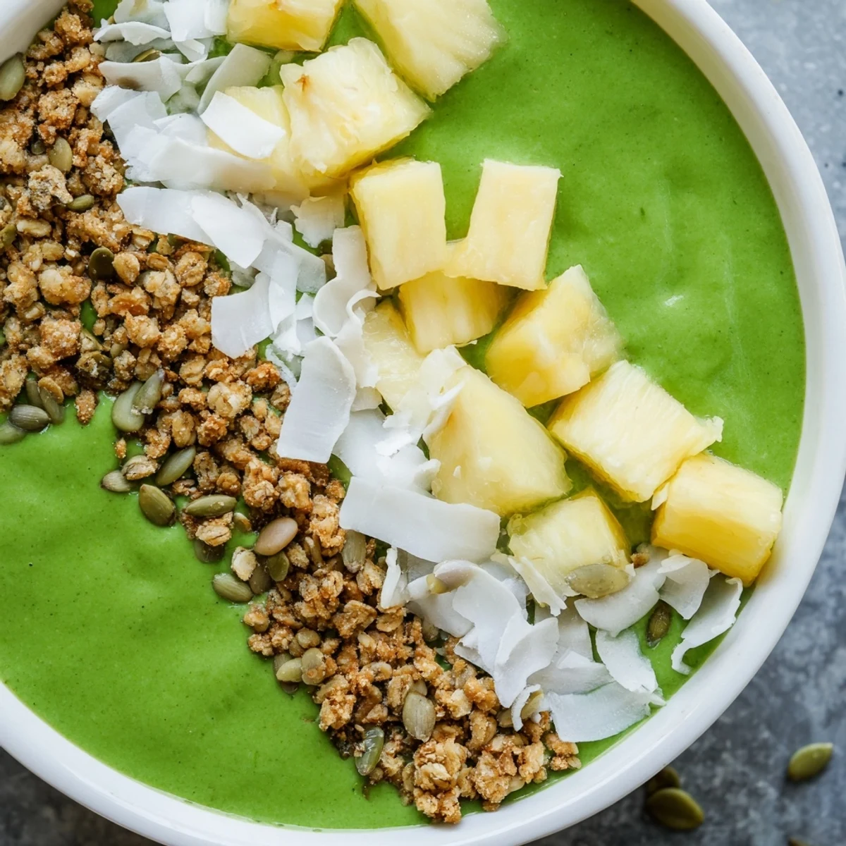 A vibrant green smoothie bowl topped with fresh pineapple slices, banana coins, and crunchy granola for a refreshing breakfast.