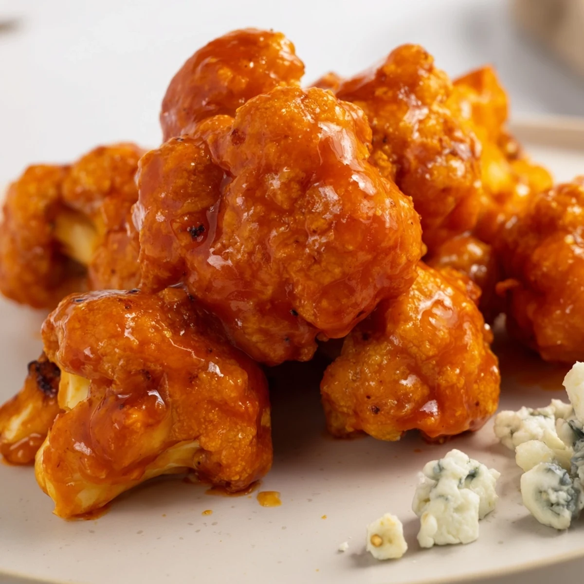 Crispy Buffalo Cauliflower Wings with Blue Cheese Dip, served with fresh celery and carrots on a plate.