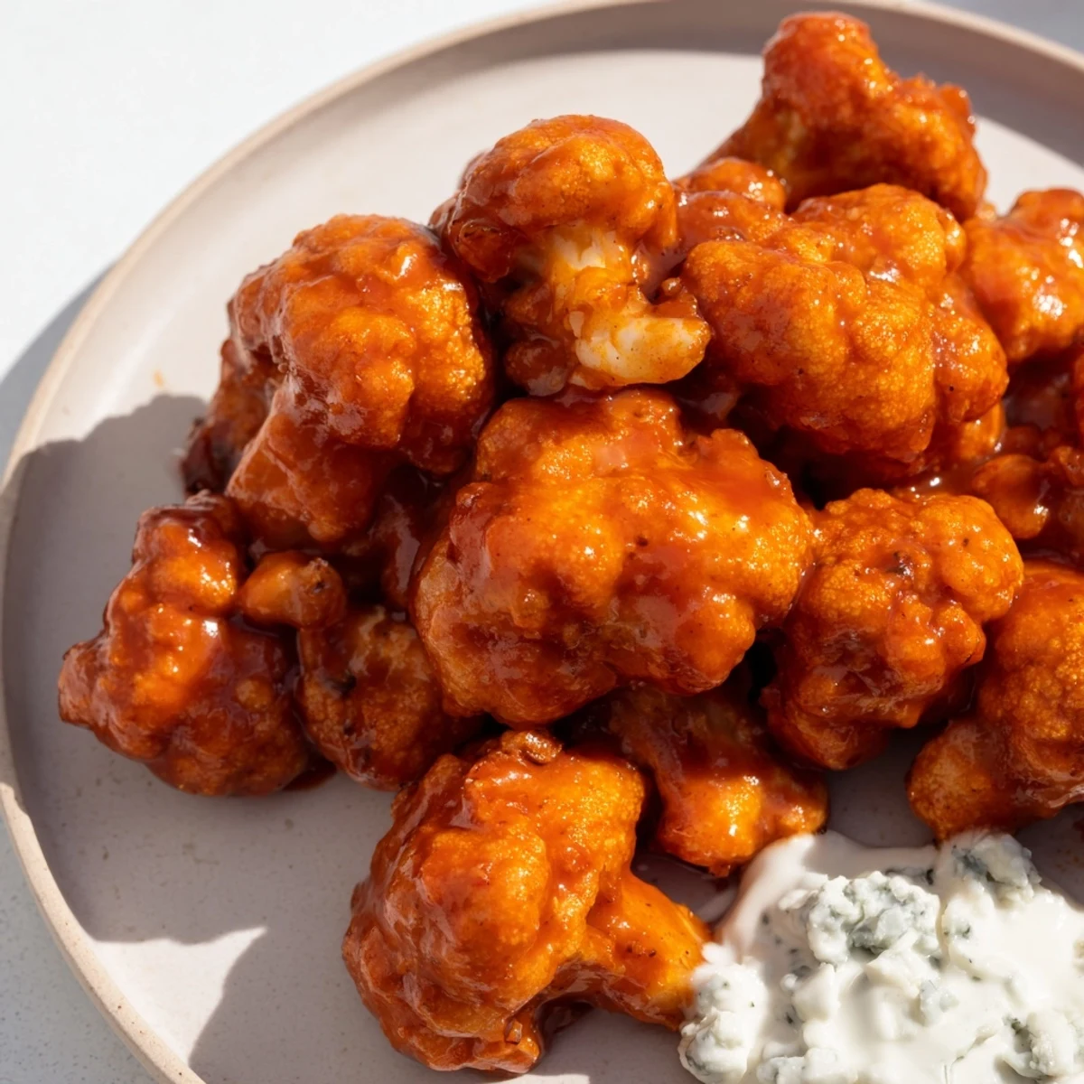 Oven-baked Buffalo Cauliflower Wings with Blue Cheese, glistening with tangy sauce and creamy dip on the side.