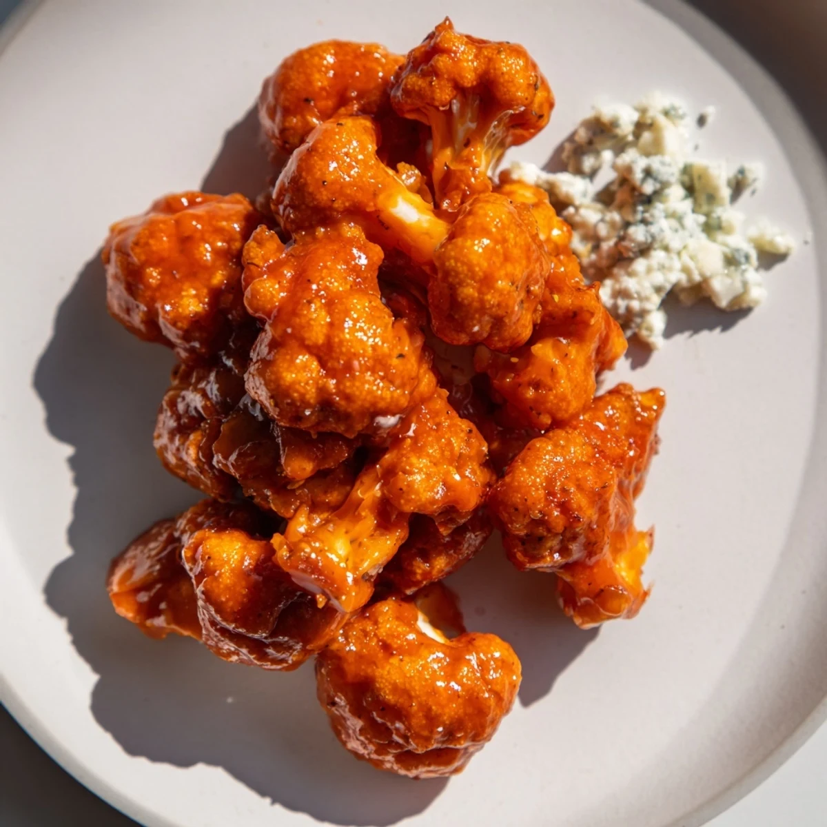 Savory Buffalo Cauliflower Wings with Blue Cheese, paired with crunchy vegetables for a classic game-day appetizer.