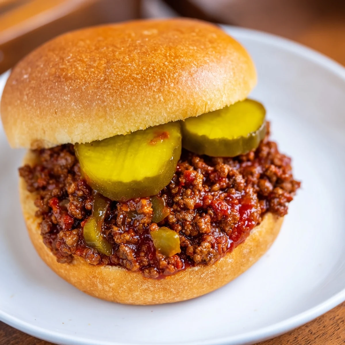 Steaming saucy ground beef piled high on golden toasted buns with tangy dill pickle slices.