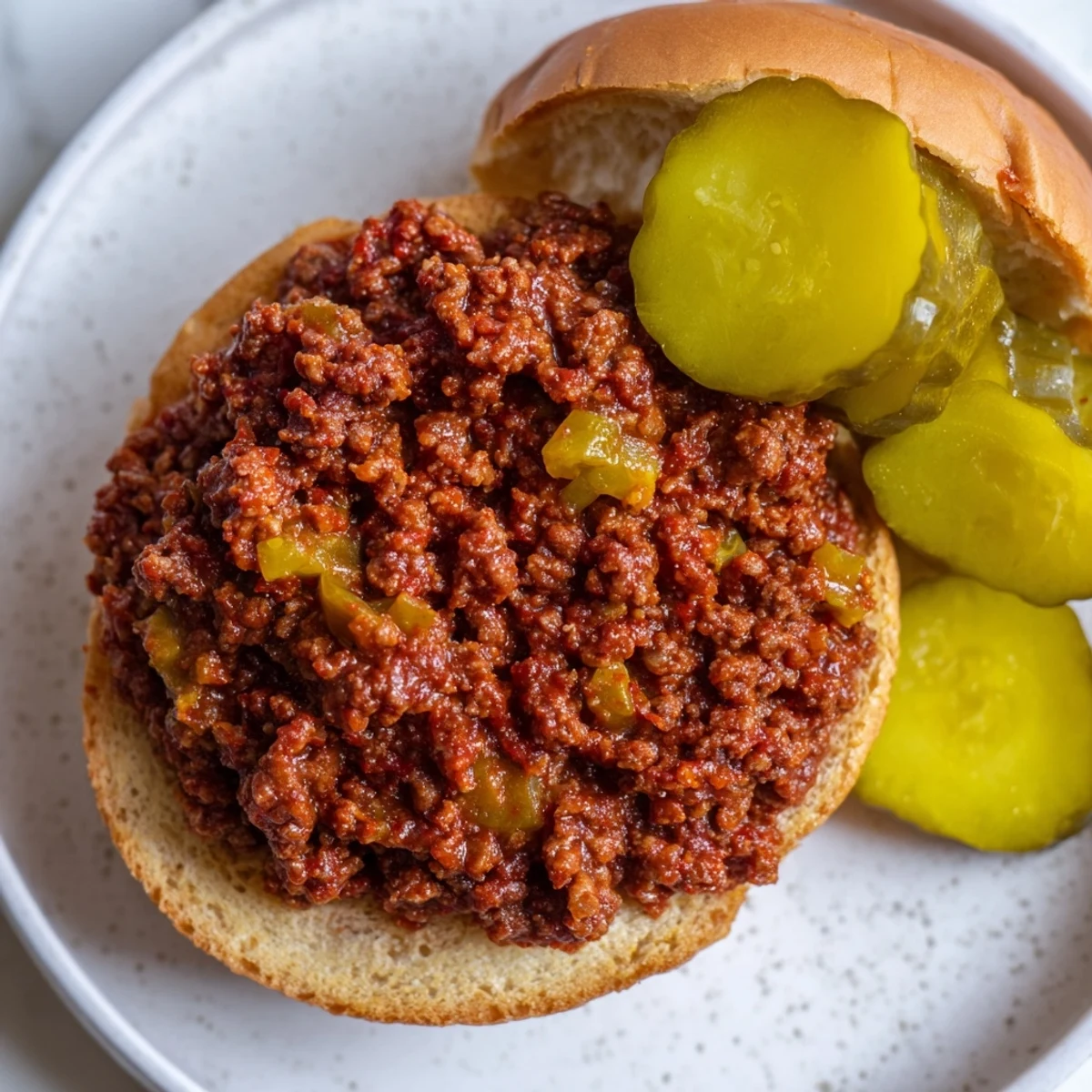 Hearty American Sloppy Joes on Toasted Buns with Pickles, perfect with a side of coleslaw.