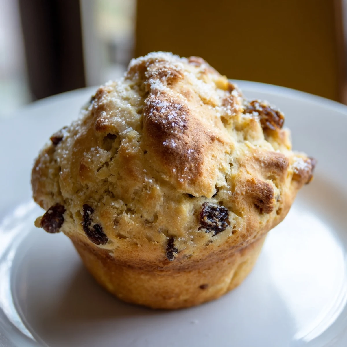 Golden Irish Soda Bread Muffins with Raisins on a rustic wooden board, ready to enjoy with tea.  