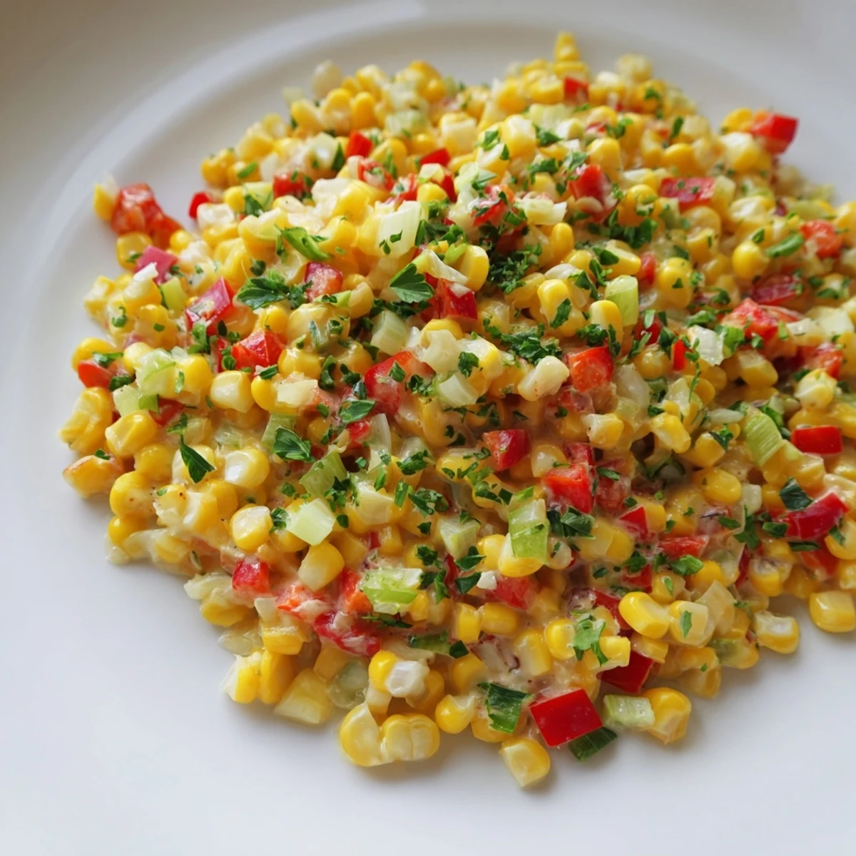 A close-up of Creole Corn Maque Choux with Peppers, featuring tender golden corn and vibrant bell peppers in a creamy, spice-infused sauce.