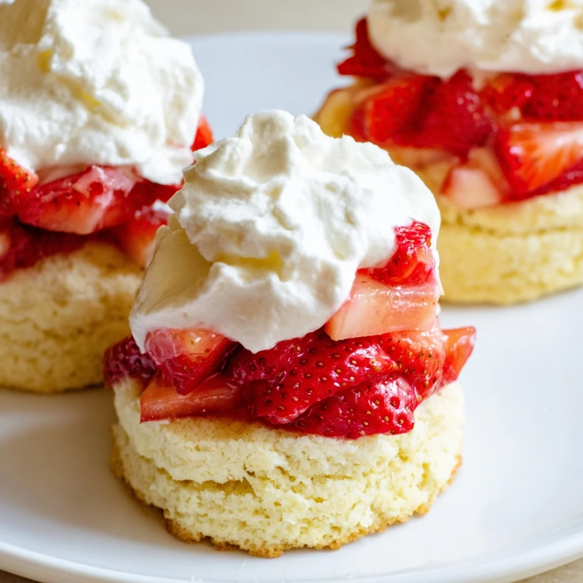 Freshly baked golden shortcake cups sit ready to be filled with vibrant sliced strawberries and billowy whipped cream.