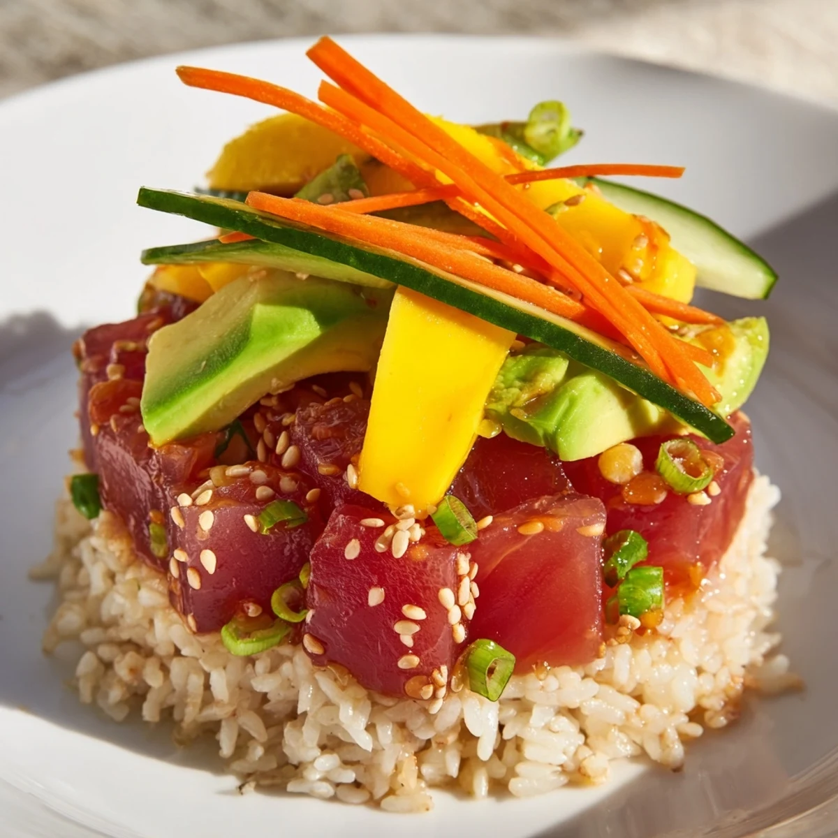 Freshly diced spicy tuna and sweet mango sit atop seasoned sushi rice in a colorful poke bowl garnished with avocado and cucumber.  
