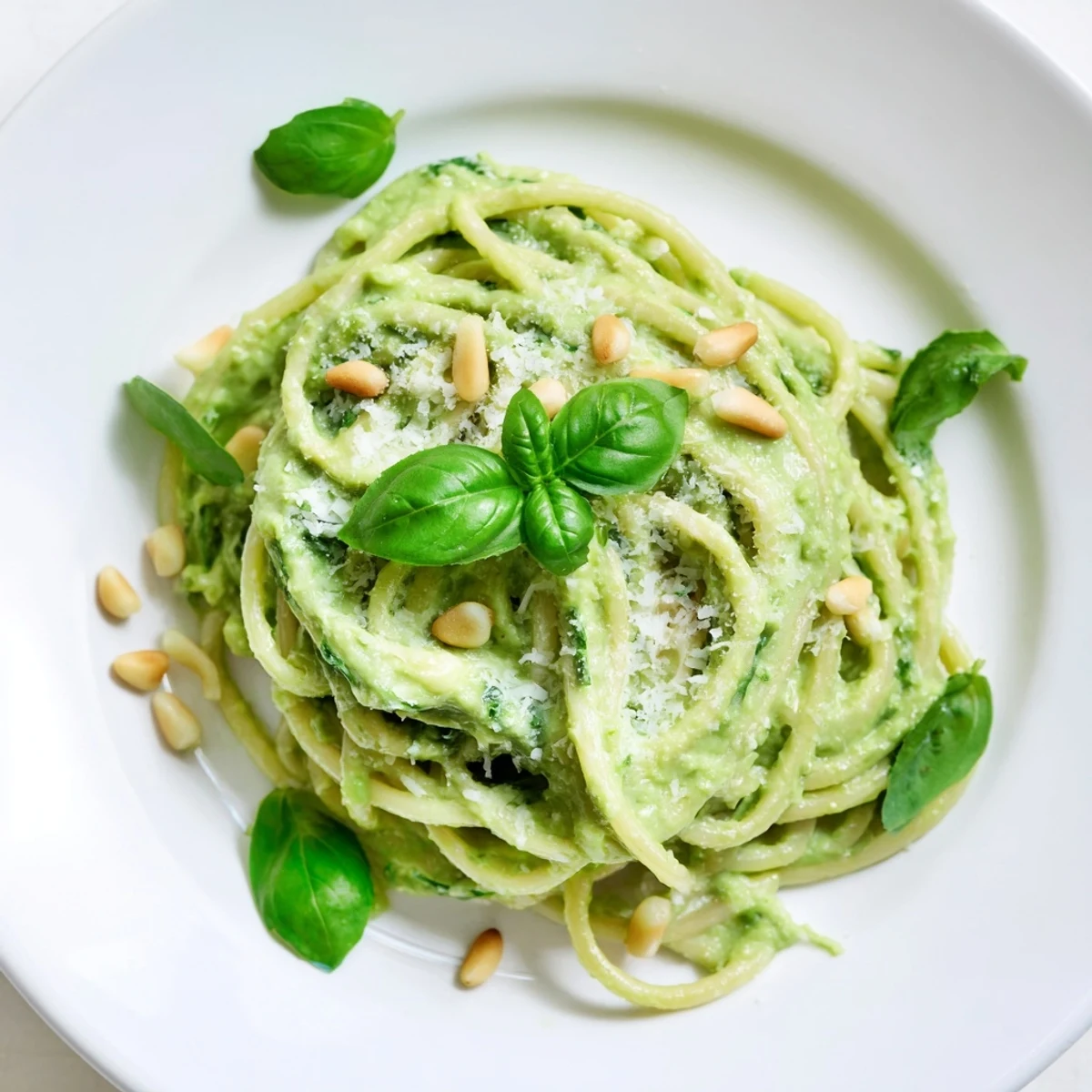 Serving suggestion for creamy avocado and spinach pasta, plated with lemon wedges and a sprinkle of Parmesan.