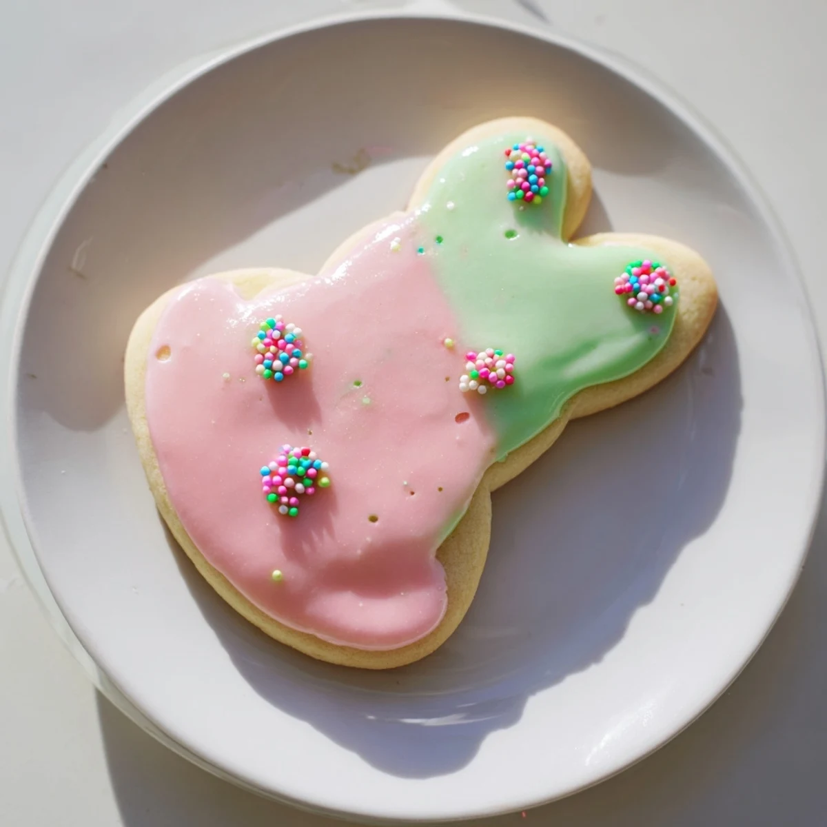 Close-up of Easter Bunny Sugar Cookies with smooth white icing, candy eyes, and a scattering of pastel nonpareils for a festive spring dessert.
