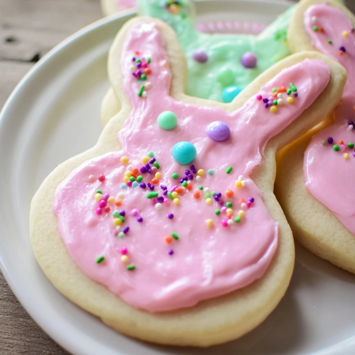 Frosted Easter Bunny Sugar Cookies sit on a cooling rack, their pastel icing and colorful sprinkles catching the warm kitchen light.