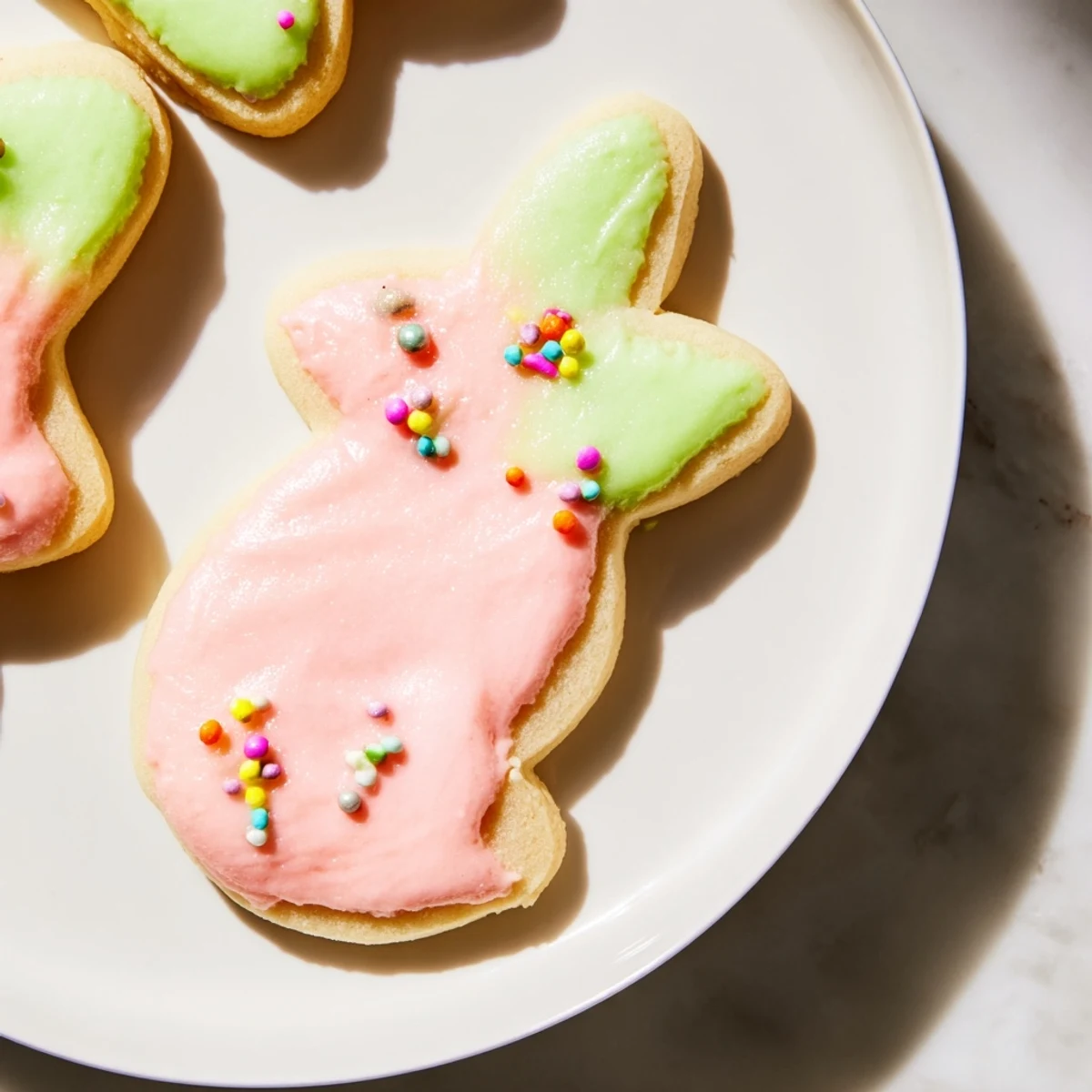 A plate of Easter Bunny Sugar Cookies is arranged with a cup of milk, showcasing their buttery texture and sweet vanilla aroma.
