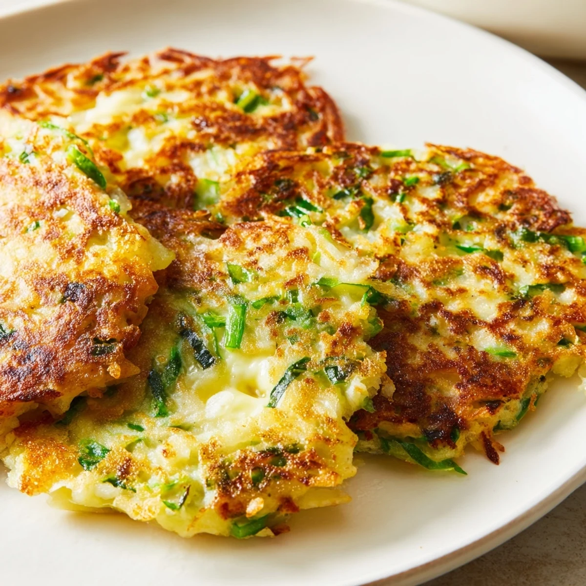 A close-up view shows the crispy, golden-brown edges of an Irish Boxty Potato Pancake topped with fresh scallions.