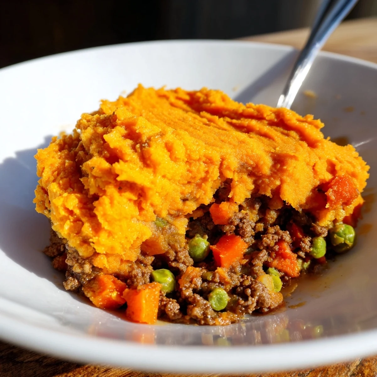 Golden-brown Beef Shepherds Pie with Sweet Potato Topping bubbling in a white ceramic baking dish, ready to serve.  